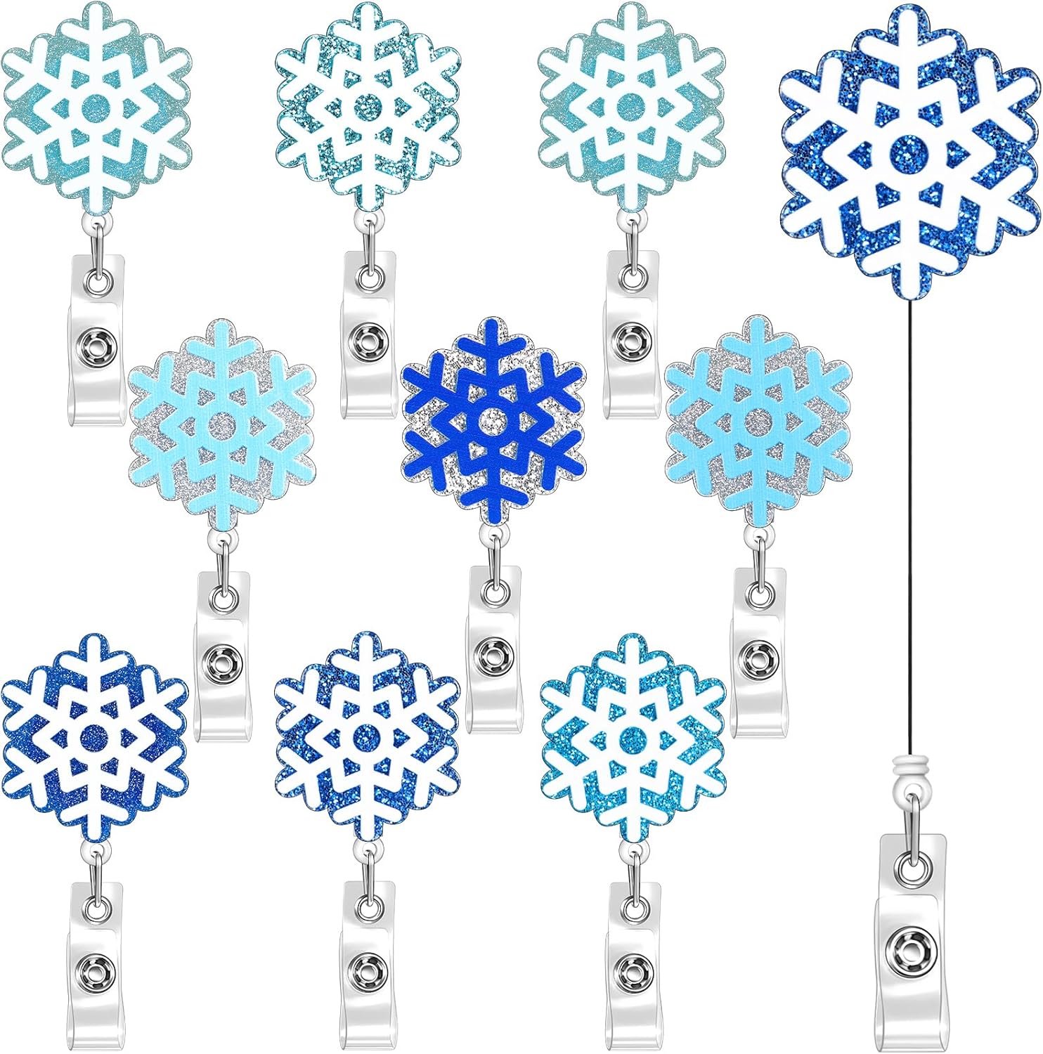 9 Pieces Winter Snowflake Badge Reel Holder Retractable Nurse Badge Reel Bling Glitter Holiday Badge Reels Cute Acrylic Id Name Badge Holder with Alligator Clip for Office Nurses Doctors