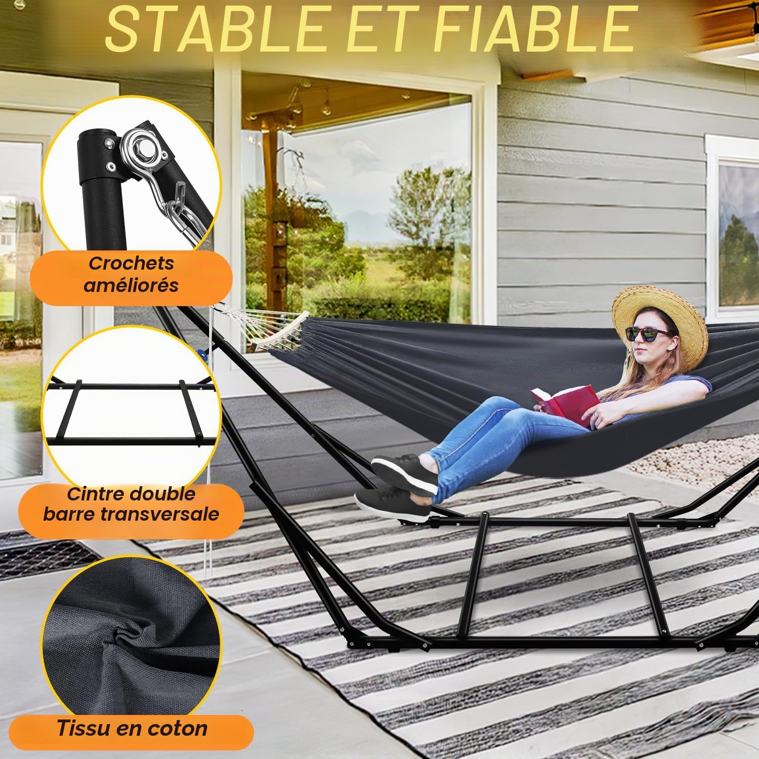 Hamac avec cadre en métal - Pliable - Jusqu'à 150 kg - Pour extérieur, camping, jardin, piscine, balcon - Fauteuil suspendu - Avec sac de transport - Structure en métal