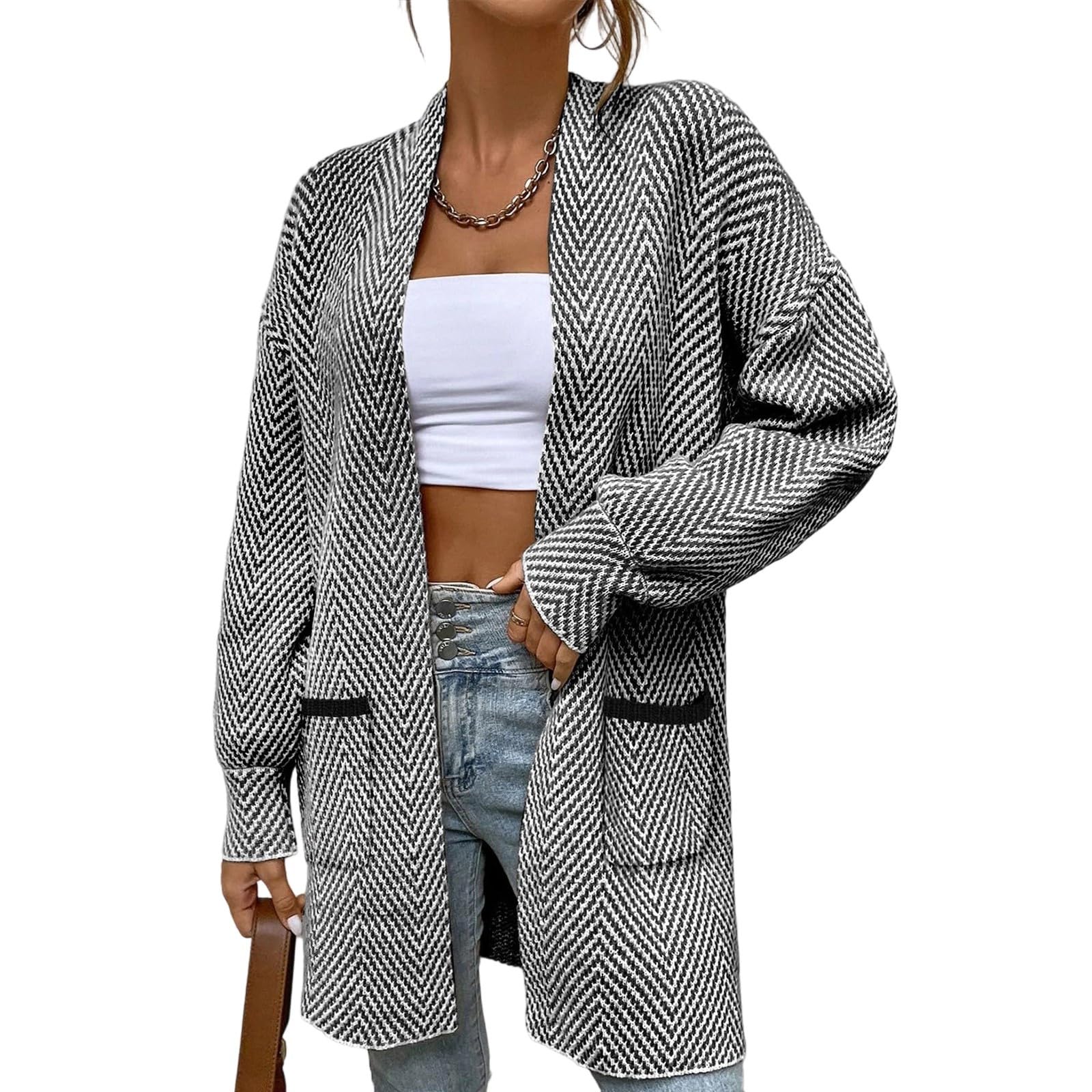 Womens Cardigan Sweaters Houndstooth Fall Long Sleeve Open Front Chunky Long Cardigans Knit Winter Coats Pockets