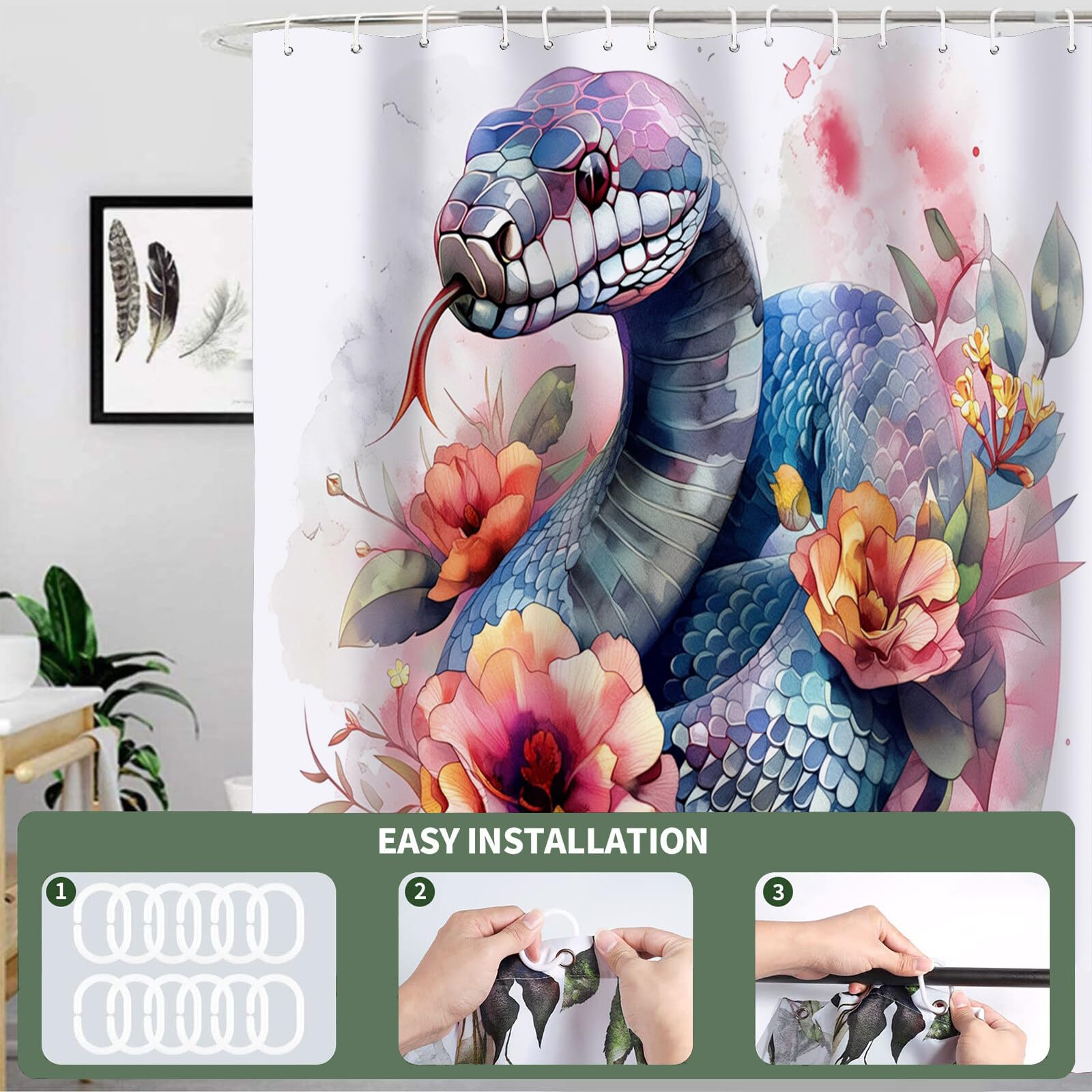 Serpent Fleuri Rideau De Douche, Illustrations À L'Aquarelle Material Resistente Al Agua Durable Estampa Digital, Rose