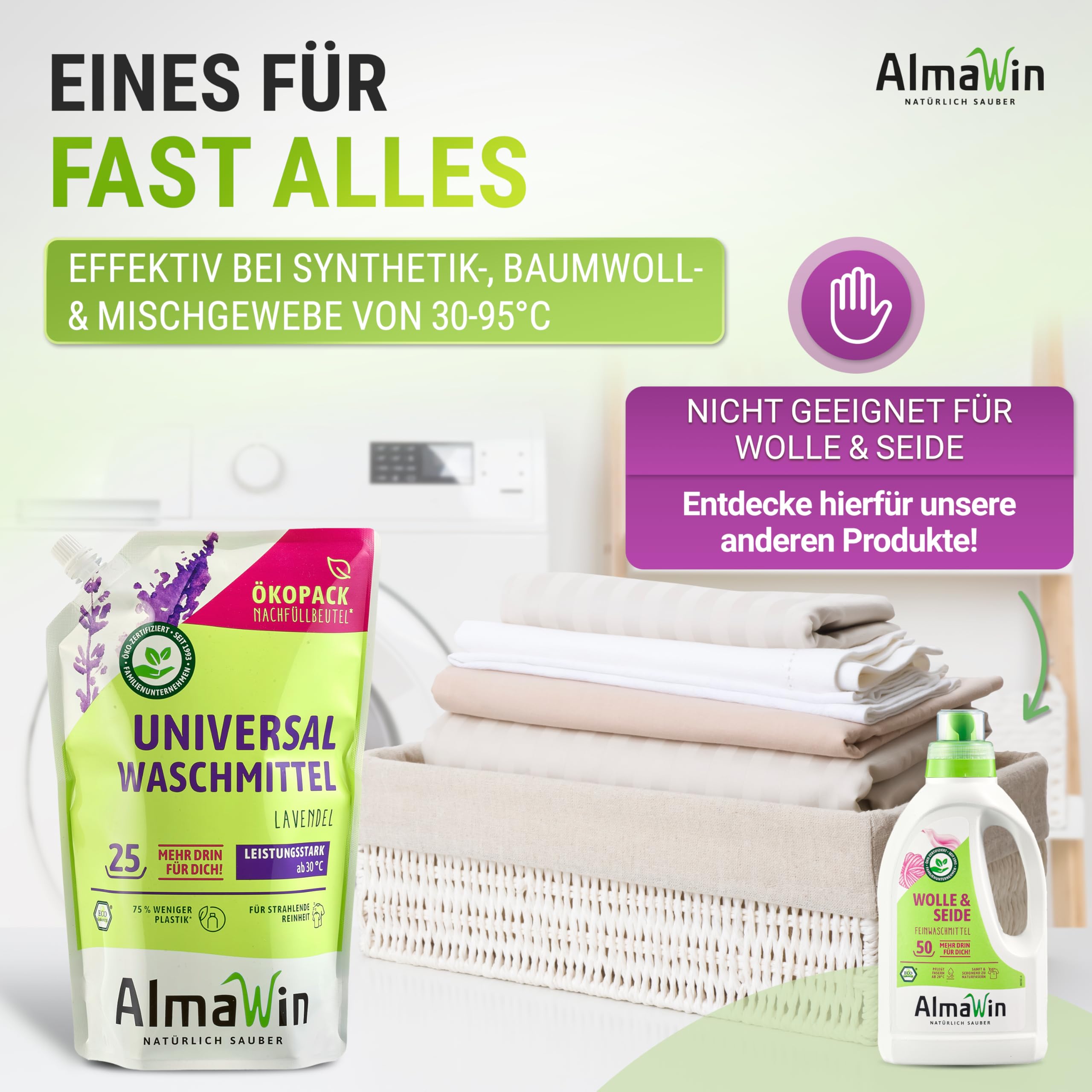AlmaWin® Universal Waschmittel Flüssig [2x 1,5L - 50 Ladungen] mit Lavendelduft - Flüssigwaschmittel sauber ab 30°C - Waschmittel für Weißes & Buntes im Öko-Pack Nachfüllbeutel - Öko & VEGAN