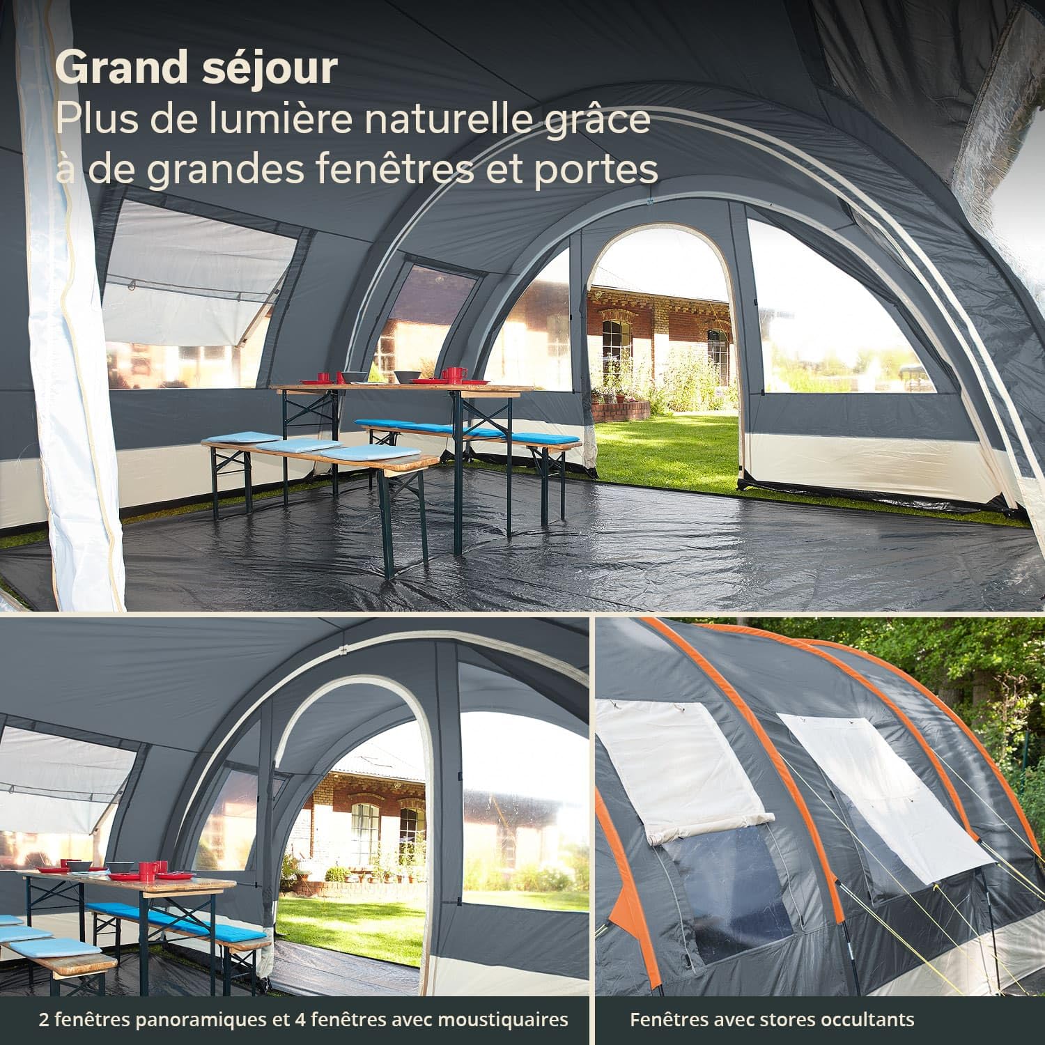 Skandika Tente Tunnel Helsinki pour 6 Personnes | Tente familiale avec Cabine Divisible, paroi Frontale déplaçable, Marquise, étanche, Colonne d'eau de 5000 mm, Hauteur de 215 cm, Grandes fenêtres