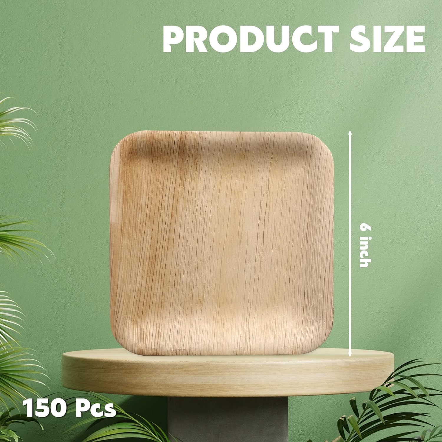 150 Pcs 6 Inch Palm Leaf Square Bamboo Plates Disposable Wood Dinnerware Set Leaf Plates for Weddings Catering Events Birthday Summer Party