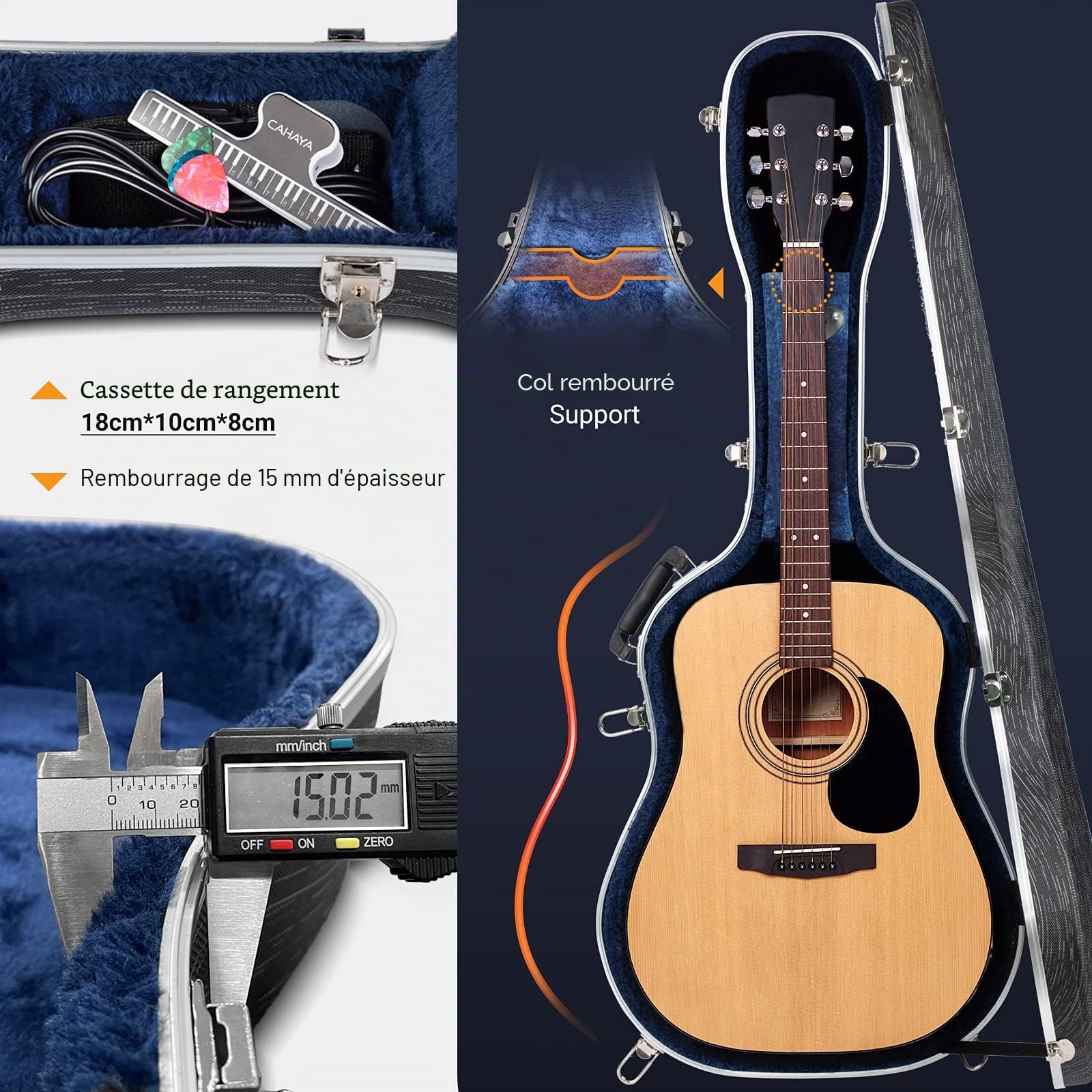 CAHAYA Valise pour Guitare Acoustique - en ABS - Étanche - Rembourrage de 1,5 cm d'épaisseur - Convient pour Guitare de 104 cm - Noir