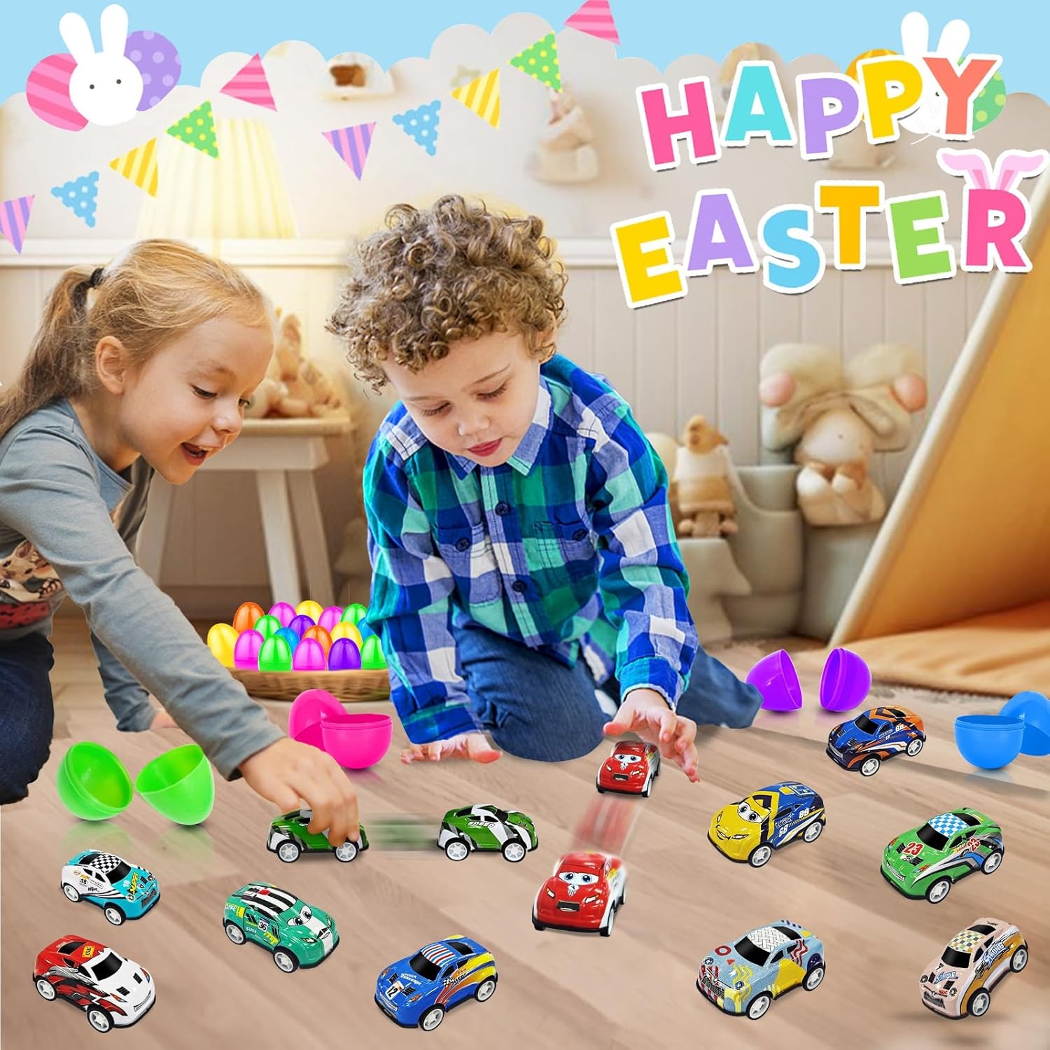 24 Pack Prefilled Easter Eggs Pull Back Cars, Easter Basket Essential Toys Colorful Racing Vehicle for Kids Boys Toddlers Egg Hunt Basket Stuffers Filler Surprise Egg Hunt Party Favor Classroom Prize - Image 4