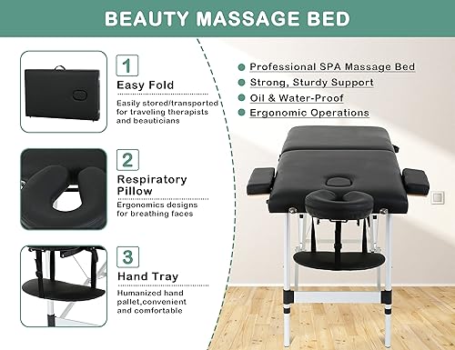 Miniatura 4 de Mesas de masaje portátiles de 73 pulgadas, mesa de tatuaje de aluminio de altura ajustable, cama de spa portátil de 3 mesas quiroprácticas plegables