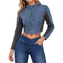 Womens Hoodie Denim Jacket Cropped Stretch Long Sleeved Jeans Top