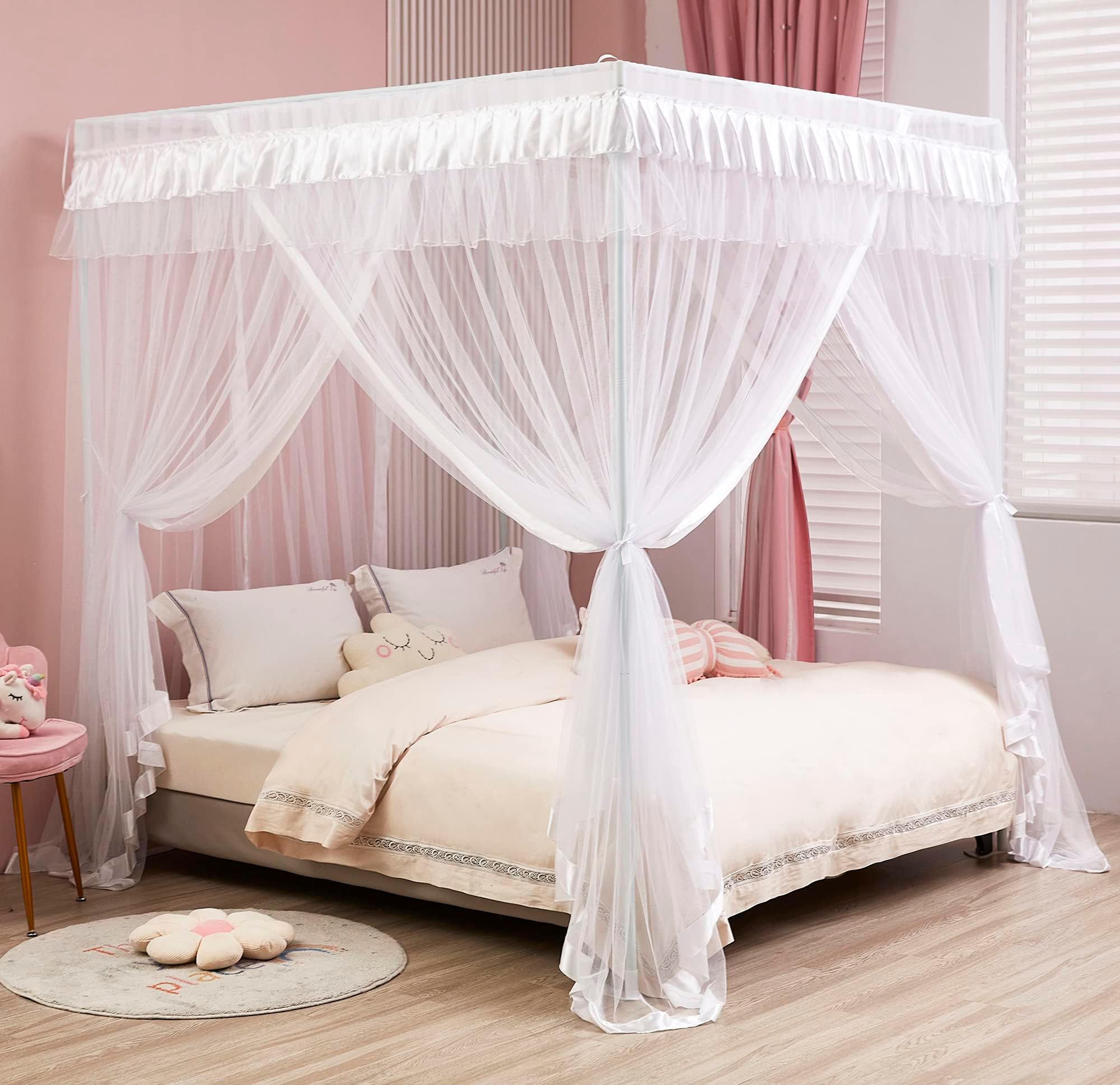 Mengersi Canopy Bed Curtains - King Size, Luxurious Cozy Drapes with Mosquito Net (King, White)