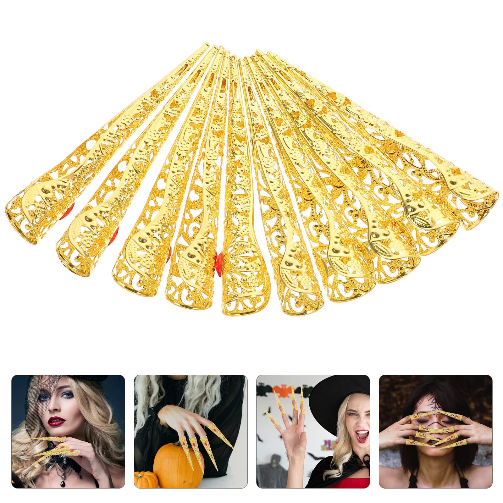 50 Piezas Uñas Metálicas Doradas Huecas para Mujer, Cospla