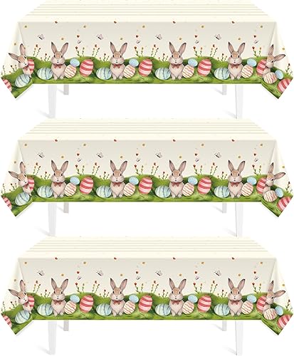Mantel de Pascua para fiesta, paquete de 3 manteles desechables de plástico de 54 x 108 pulgadas, manteles de conejo de Pascua para suministros de
