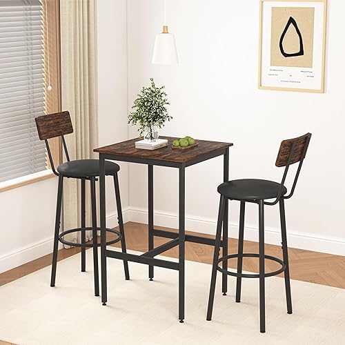 Juego de mesa de comedor y sillas de 3 piezas para cocina, mesa de bar cuadrada y taburetes de poliuretano para 2, juego de mesa auxiliar de altura