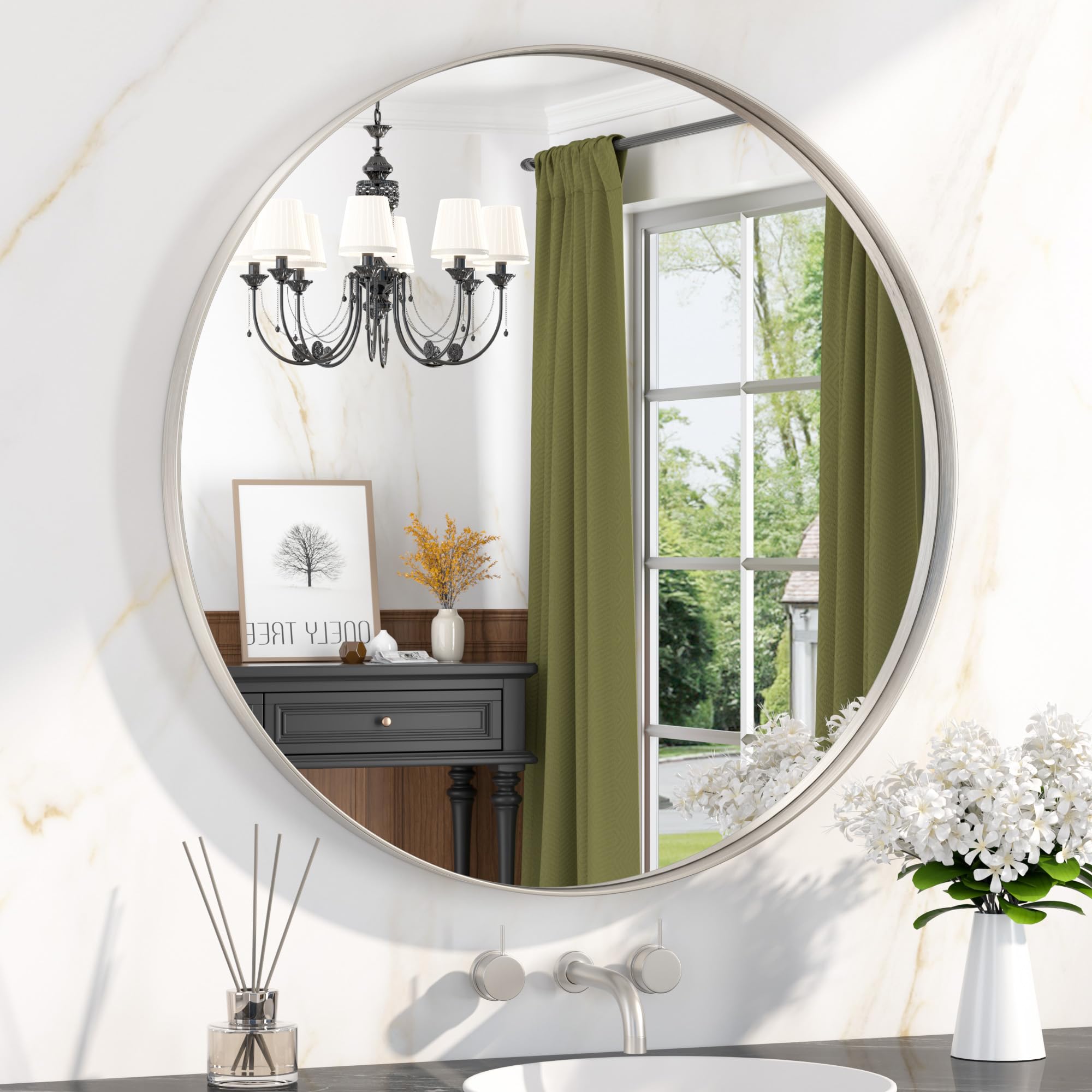 Keonjinn 90cm Brushed Nickel Round Bathroom Mirror Wall Mounted, Aluminium Metal Frame Wall Mirror HD Glass Vanity Mirror for Bedroom Living Room Entryway Home Decor
