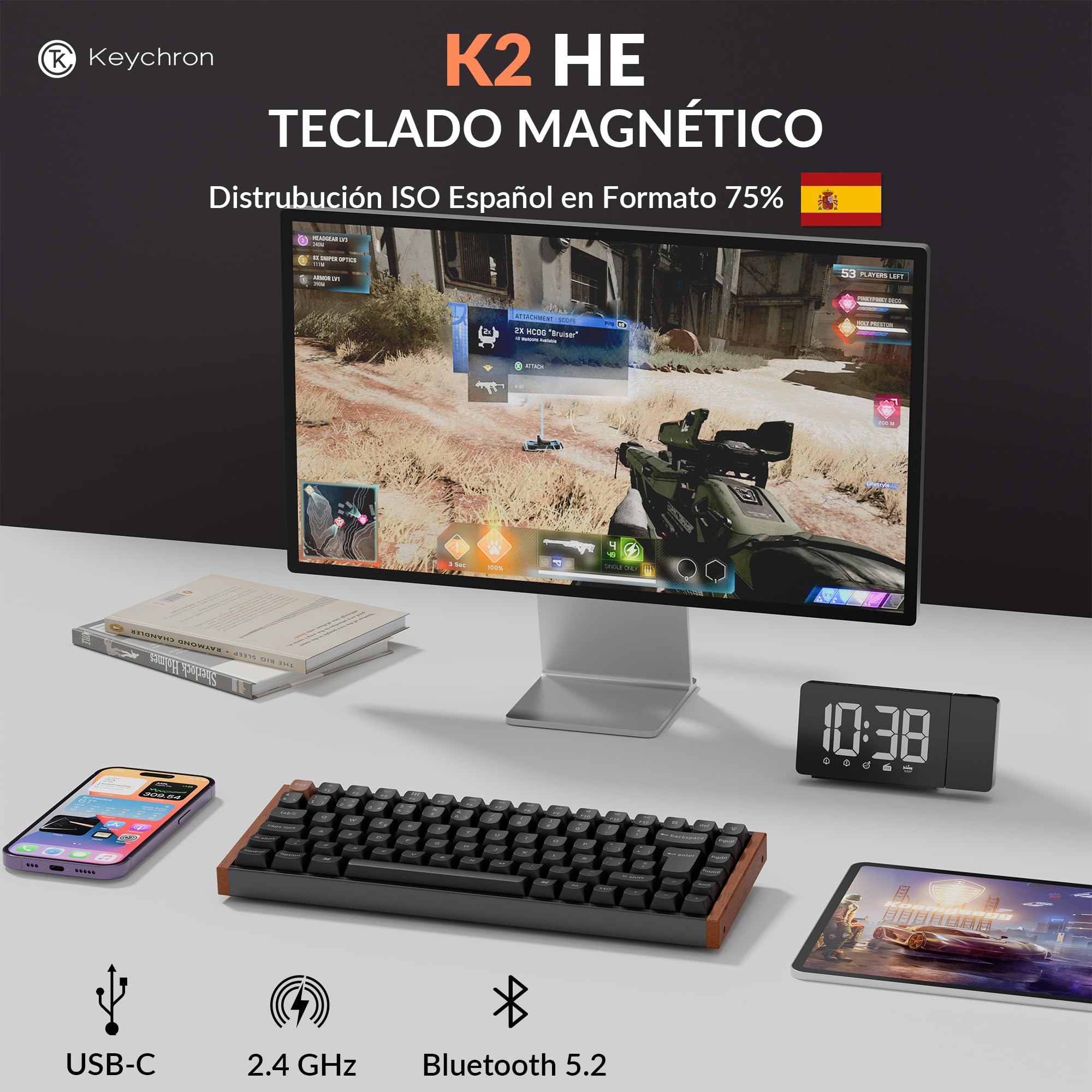 Keychron K2 HE Teclado Inalámbrico, Diseño 75% ES-ISO, 2,4 GHz y Bluetooth 5.2, Interruptores Magnéticos Gateron Nebula de Doble Carril, Teclado Gaming para Mac y Windows, Edición Especial – Negro