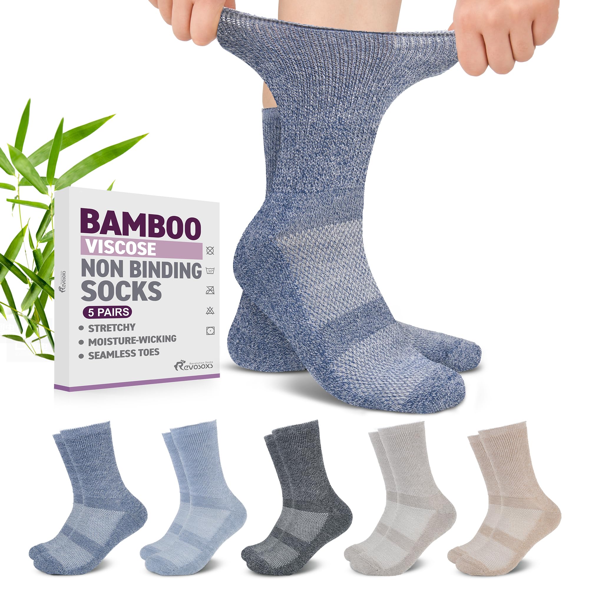 Revosoxs Diabetic Crew Socks for Men Women,Bamboo Viscose Non-Binding Loose Top Wide Socks with Seamless Toe 9-12 10-13