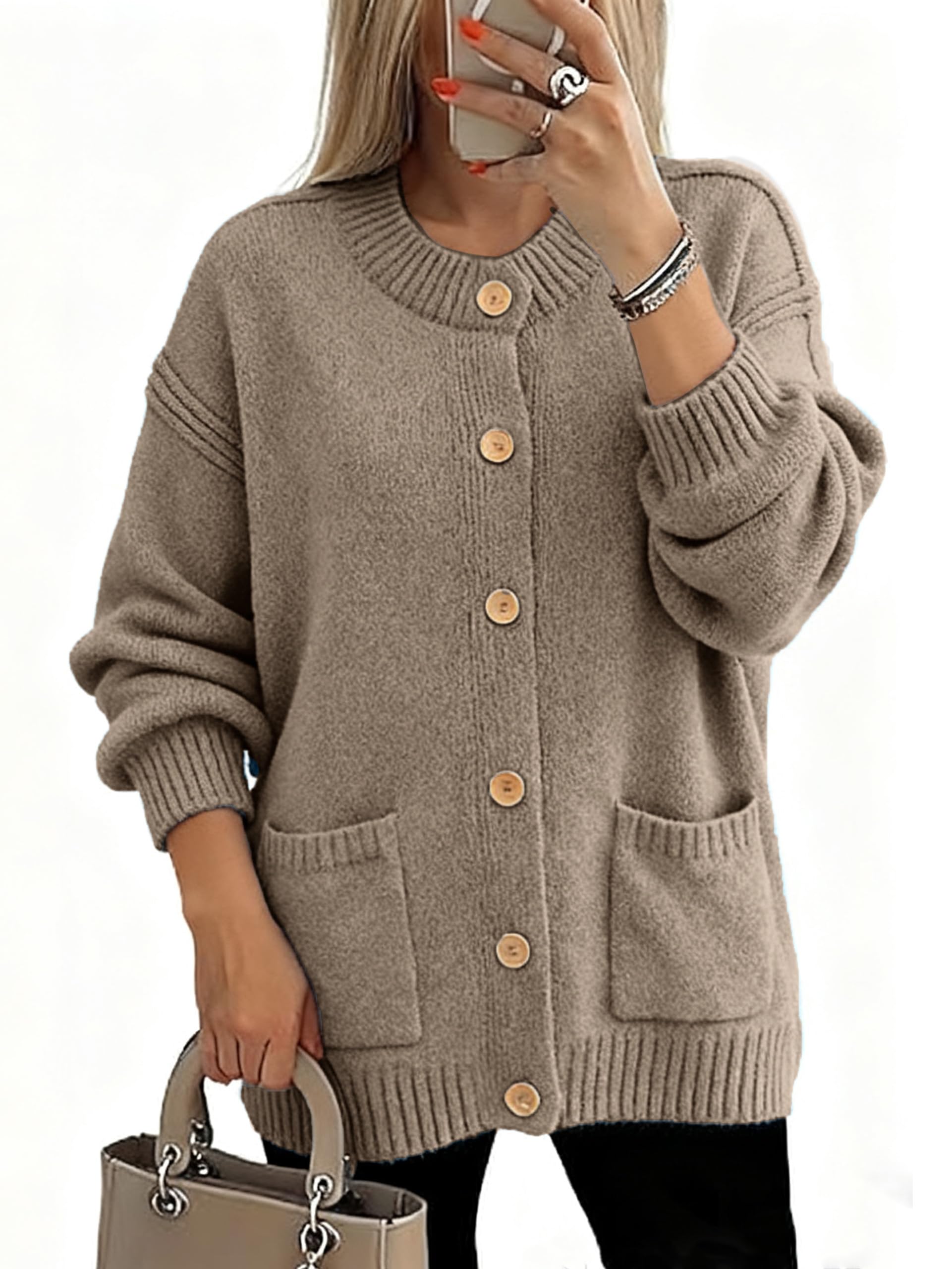Glamaker Womens Fall Cardigans Sweaters Chunky Button Up Crew Neck Fuzzy Knit Long Sleeve Open Front Sweater Jacket