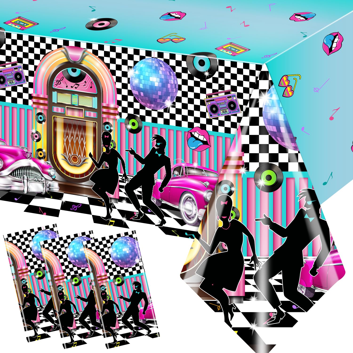 1950s Theme Party Decorations Set - 3Pcs Plastic Rock and Roll Tablecloth, Soda Shop Table Covers for 50's Rocking Music Birthday Anniversary - Disposable Supplies