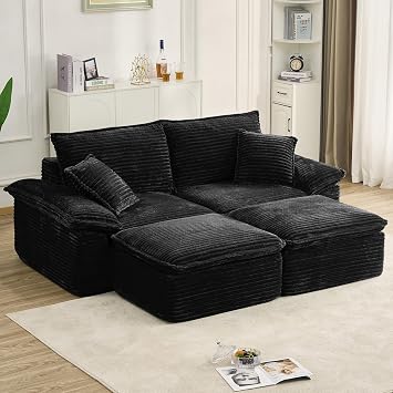80" Double Chaise Lounge Chair Indoor,Modern Boneless Sleeper Loveseat with Ottoman,Deep Seat Sofa Bed with Pillows,Comfy Corduroy Sectional Cloud Couches for Living Room Black, 80"
