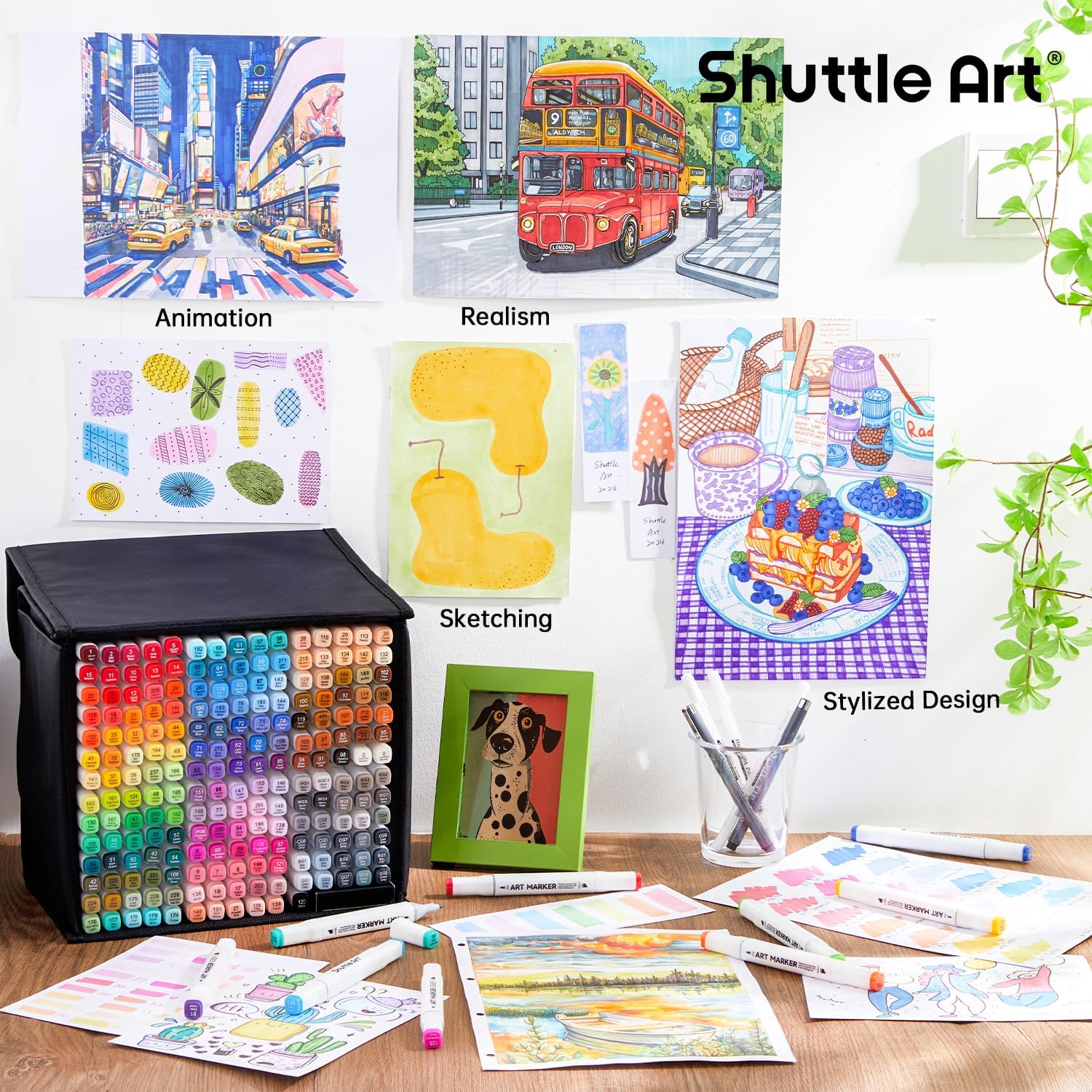 Shuttle Art 206 Colors Alcohol Markers, 204 Colors Dual Tip Art Marker Set Plus 2 Colorless Blender, Micro-tip Pens, White Highlighter Pens, Marker Bag Perfect for Students Adults Coloring - Image 5