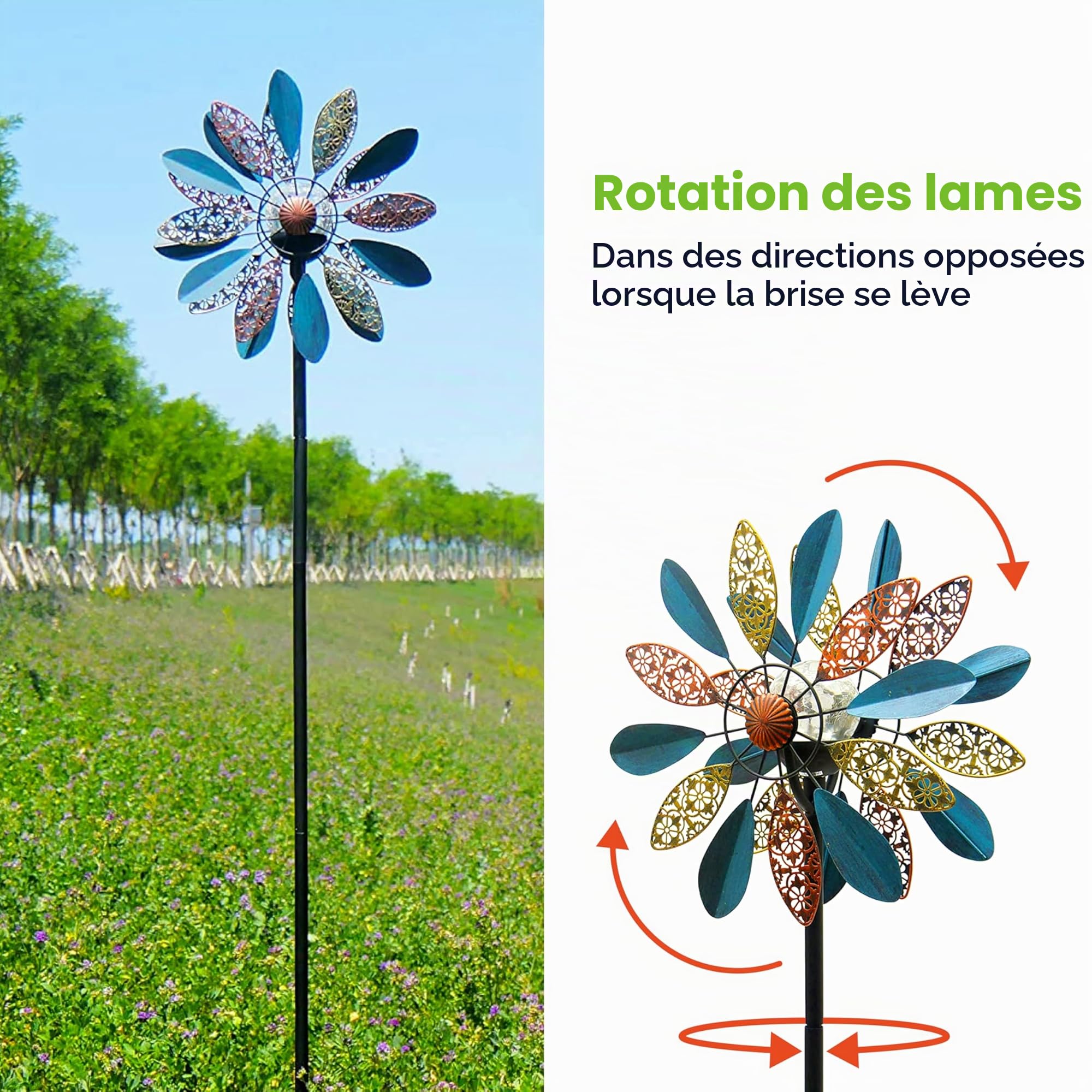 Arabesque Éolienne Solaire Multicolore 190,5 cm avec Boule en Verre à énergie Solaire avec éolienne cinétique Double Sens pour terrasse, pelouse et Jardin.
