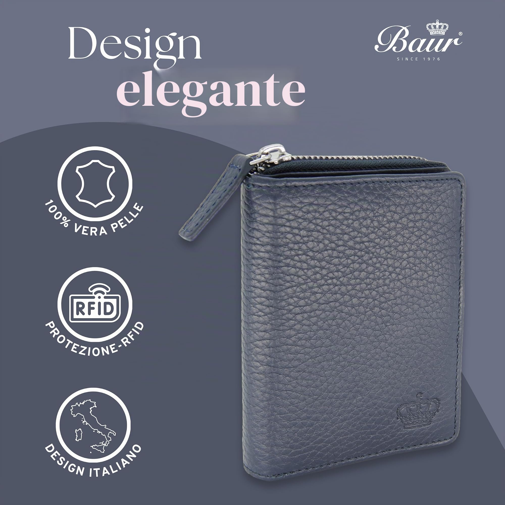 Baur portafoglio da donna – vera pelle con protezione RFID – portafoglio piccolo con 6 scomparti per carte – chiusura a bottone a pressione & tasca portamonete con cerniera (Blu scuro)