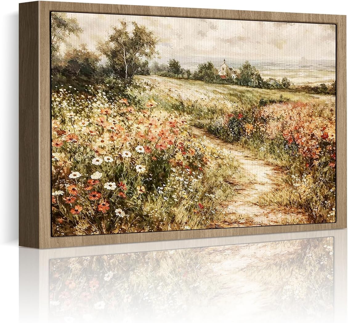 Wildflower Landscape Framed Wall Art For Living Room Canvas Wall Decor For Bedroom Office Wall Decoration Vintage Farmhouse Field Landscape Painting Framed Pictures Artwork Mural Aesthetic Home Decor