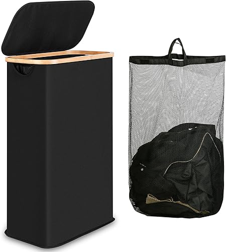 Miniatura 8 de Cesta de lavandería delgada de 60 L, cesta estrecha para la ropa sucia con tapa, cesta de ropa plegable con asas de bambú, canasta alta y delgada