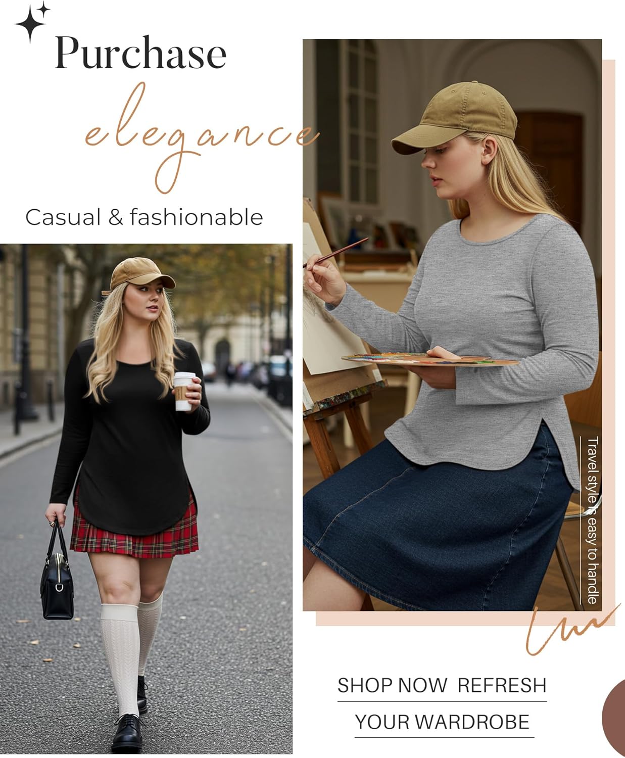 Ficerd 3 Pack Women's Plus Size Long Sleeve Tunic Tops Crewneck Loose Shirts Casual Curved Hem Side Split Basic Tee