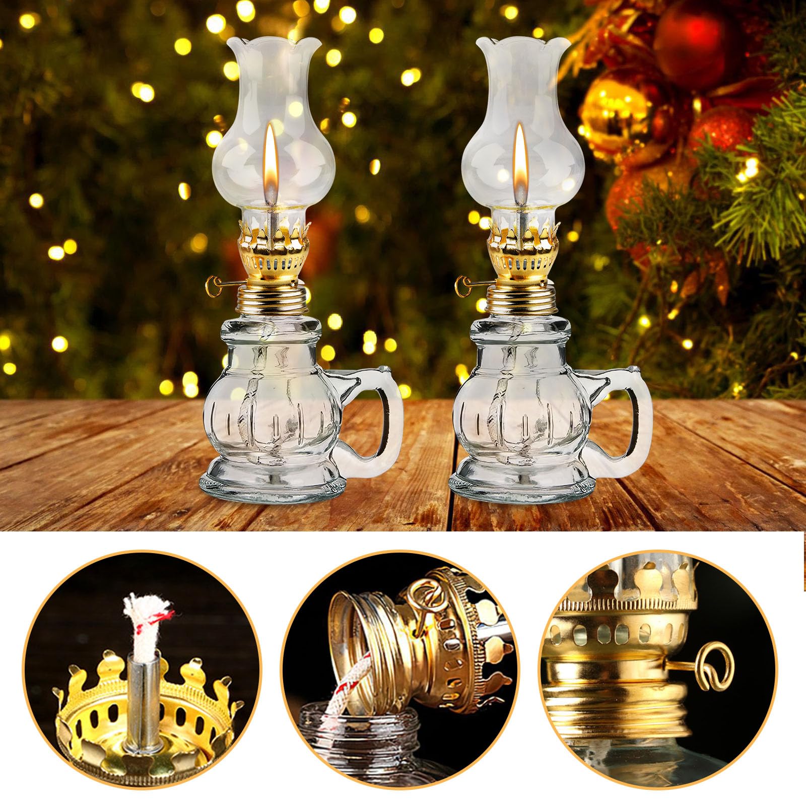 Lampada a Olio per Interni, 2 Pezzi Lampada a Olio di Vetro Trasparente Luminosità Regolabile Retrò Nostalgica, Lampada a Olio Decorativa Antivento per Soggiorno Sala da Pranzo Uso di Emergenza