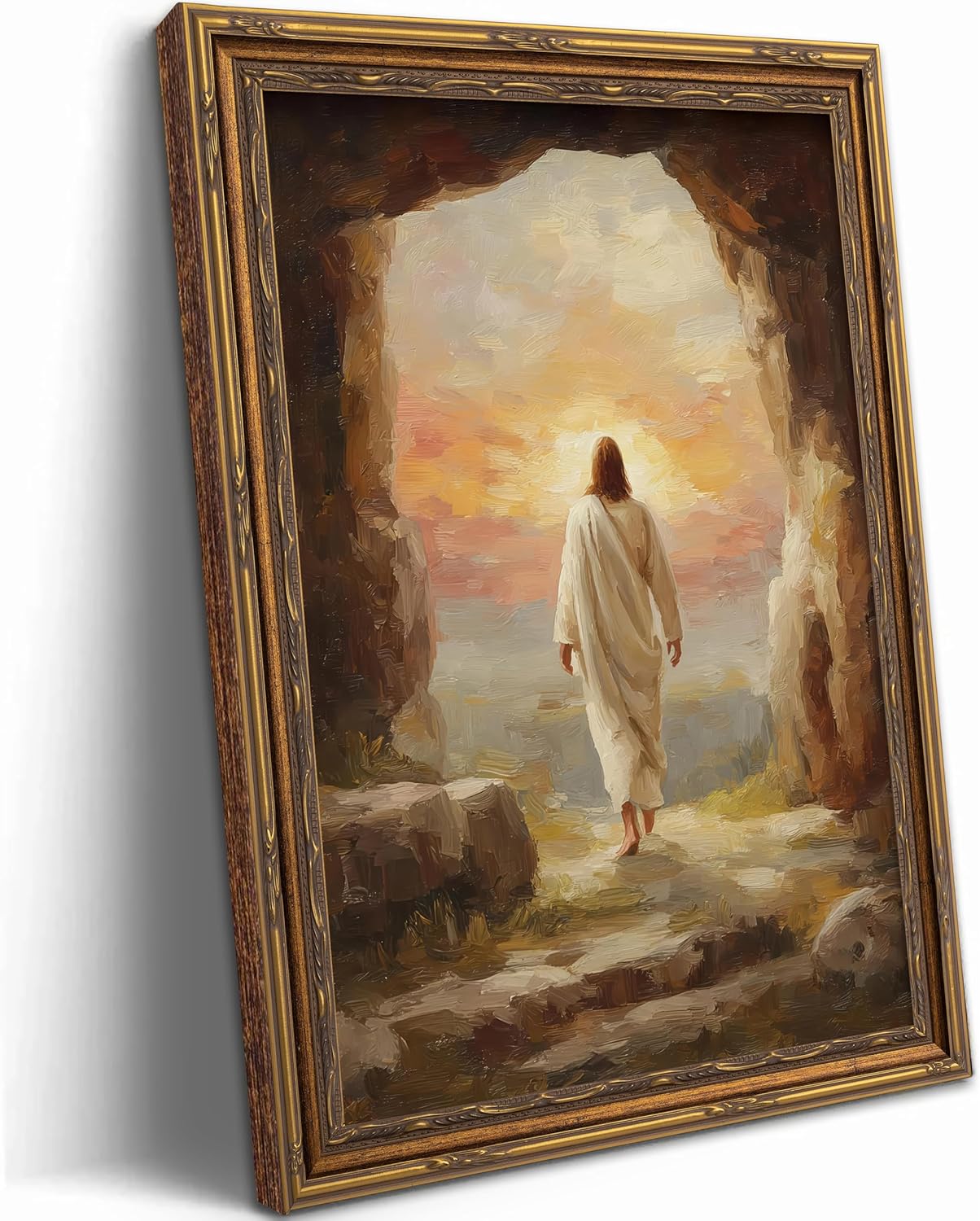 Vintage Gold Framed Jesus Canvas Wall Art Easter Jesus Leaves the Tomb Painting Picture Wall Decor Christain Religious Resurrected Savior Poster Print Artwork for Church Prayer Room Living
