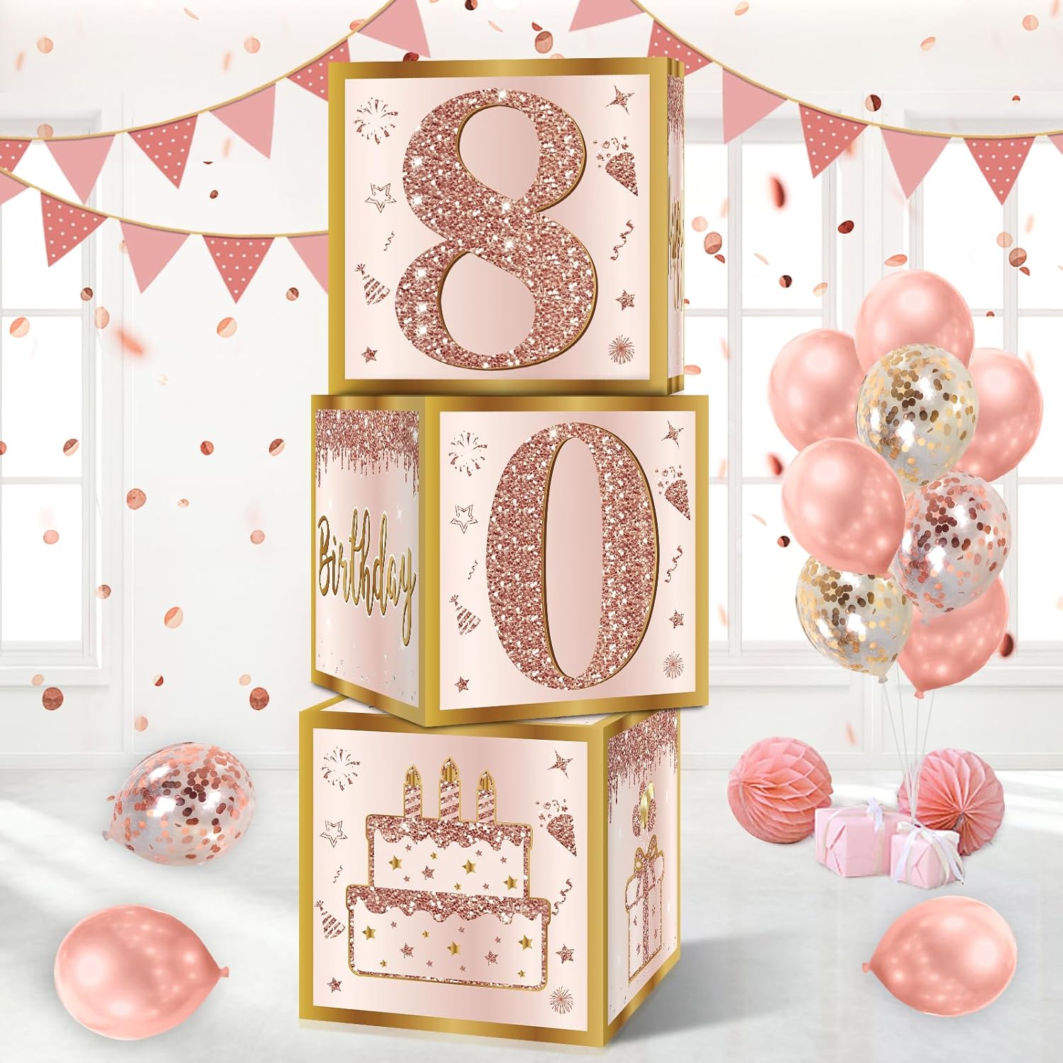 3Pcs 80th Birthday Decorations Boxes for Women, Pink Rose Gold 80th Birthday Balloons Boxes Party Supplies, Pink Eighty Year Old Bay Theme Cardboard Box Decor
