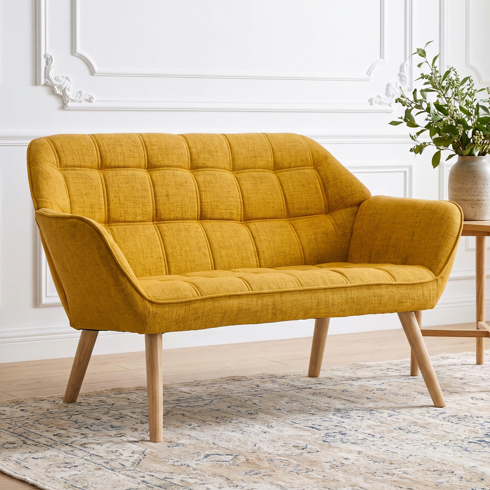 Ya-Home 2 Seater Sofa Loveseat Couch with Solid Wooden Legs, Yellow