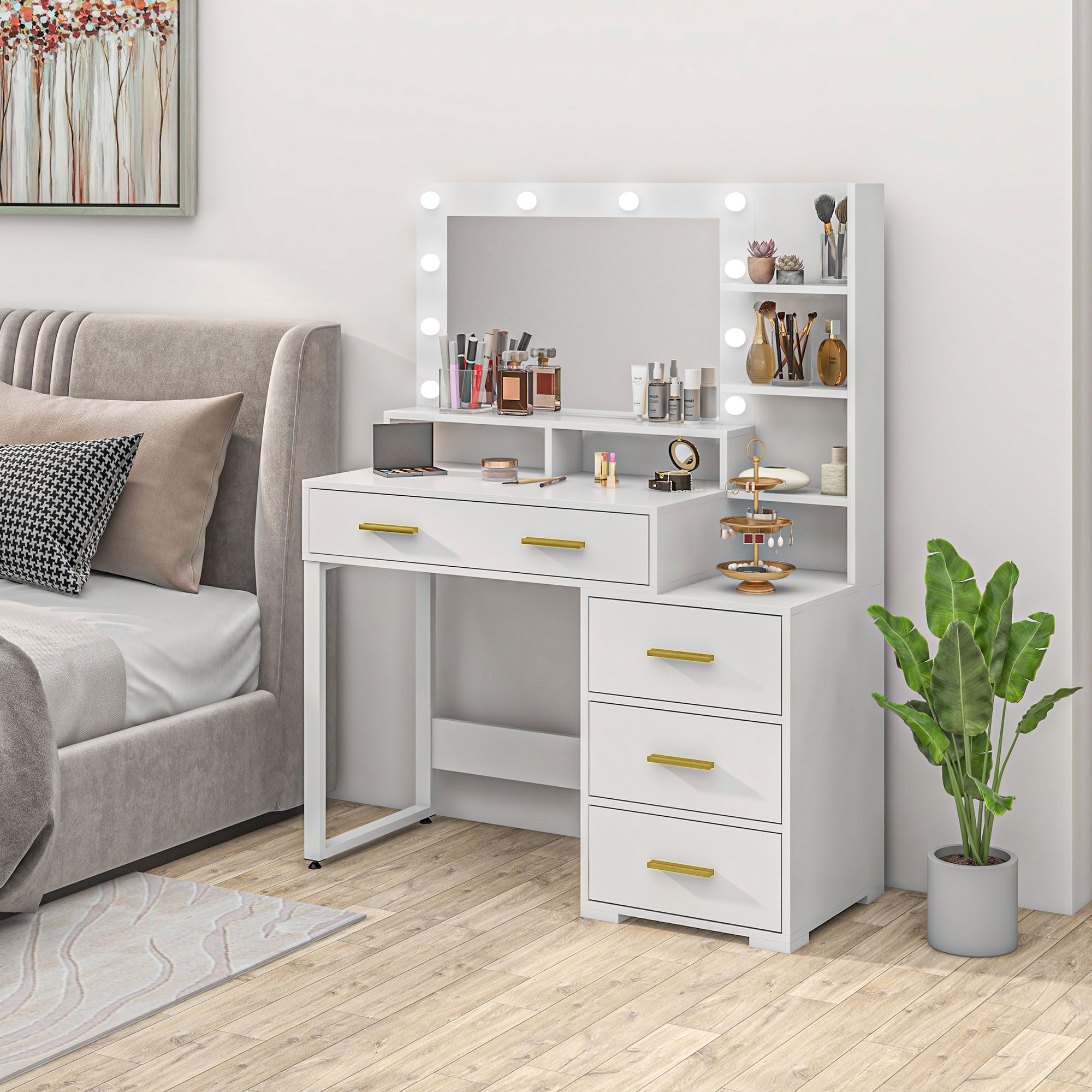 HOMCOM Postazione Trucco con Luci LED con 4 Cassetti 100x40x138 cm Bianco | Tavolo Toeletta Moderno, per Camera da Letto, 6 Ripiani Aperti, Specchio, Toeletta Trucco