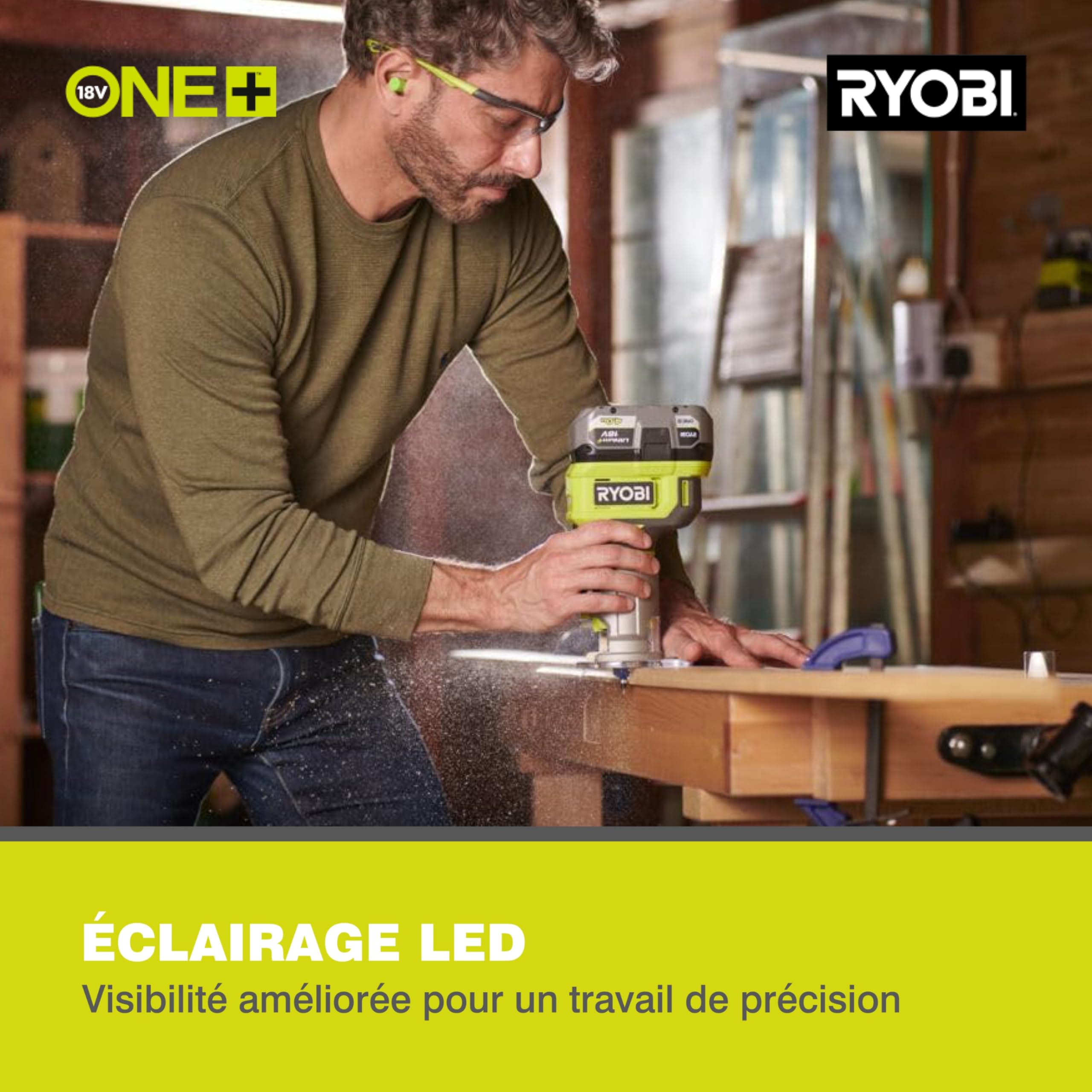 RYOBI - Affleureuse Sans Fil 18V ONE+ RTR18-0 – Vitesse Variable Jusqu’à 30 000 tr/min, Réglage Profondeur Précis, travaux de décoration, de finitions et d'ajustements – Batterie Non Incluse