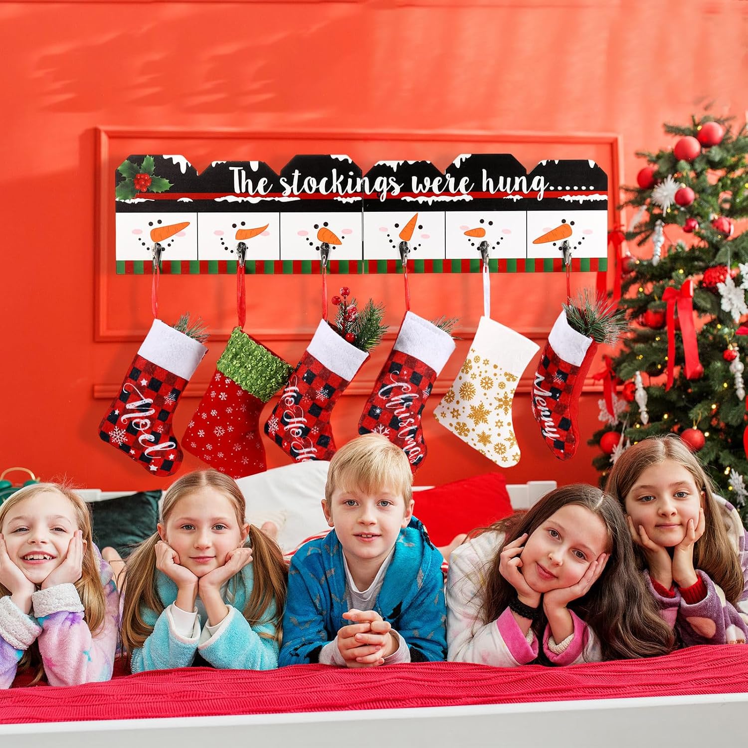 Cinnvoice Christmas Stocking Holder for Wall with 6 Hangers Christmas Hangers for Mantel Collapsible the Stocking were Hung Wooden Hanging Sign for Xmas Holiday Home Decorations 24.4 Inch