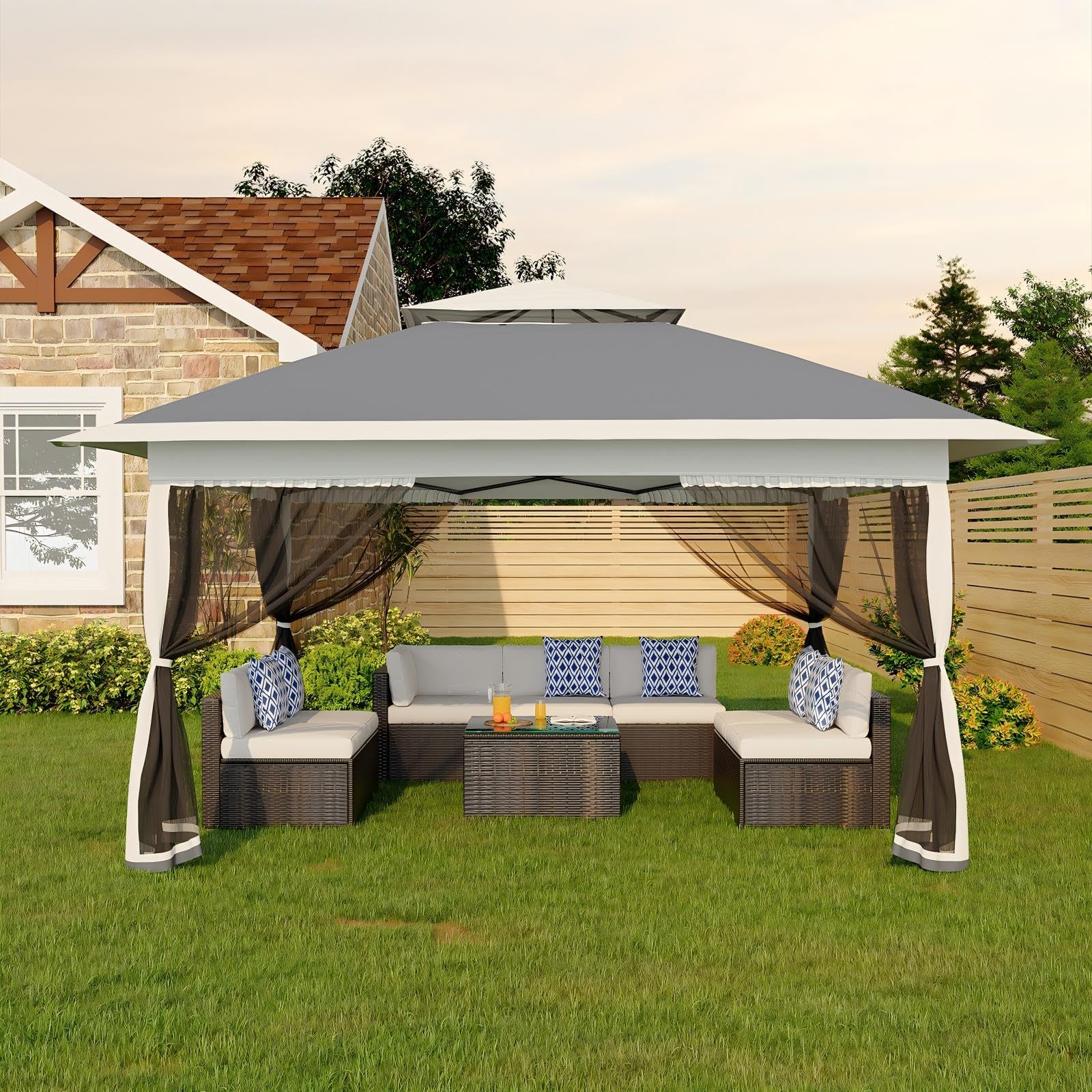 Canopy Tent 13x13 ft, Pop Up Gazebo One-Push Setup with 4 SandBags for Backyard Parties and BBQs, Mosquito Netting & Height Adjustable - Grey