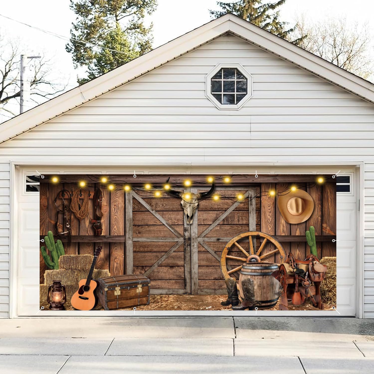 Large Western Cowboy Garage Door Banner Decorations Backdrop 7x16ft Haystack Barn Door Cactus Cowboy Hat Garage Door Banner Western Themed Baby Shower Wild West Birthday Garage Door Cover Decorations