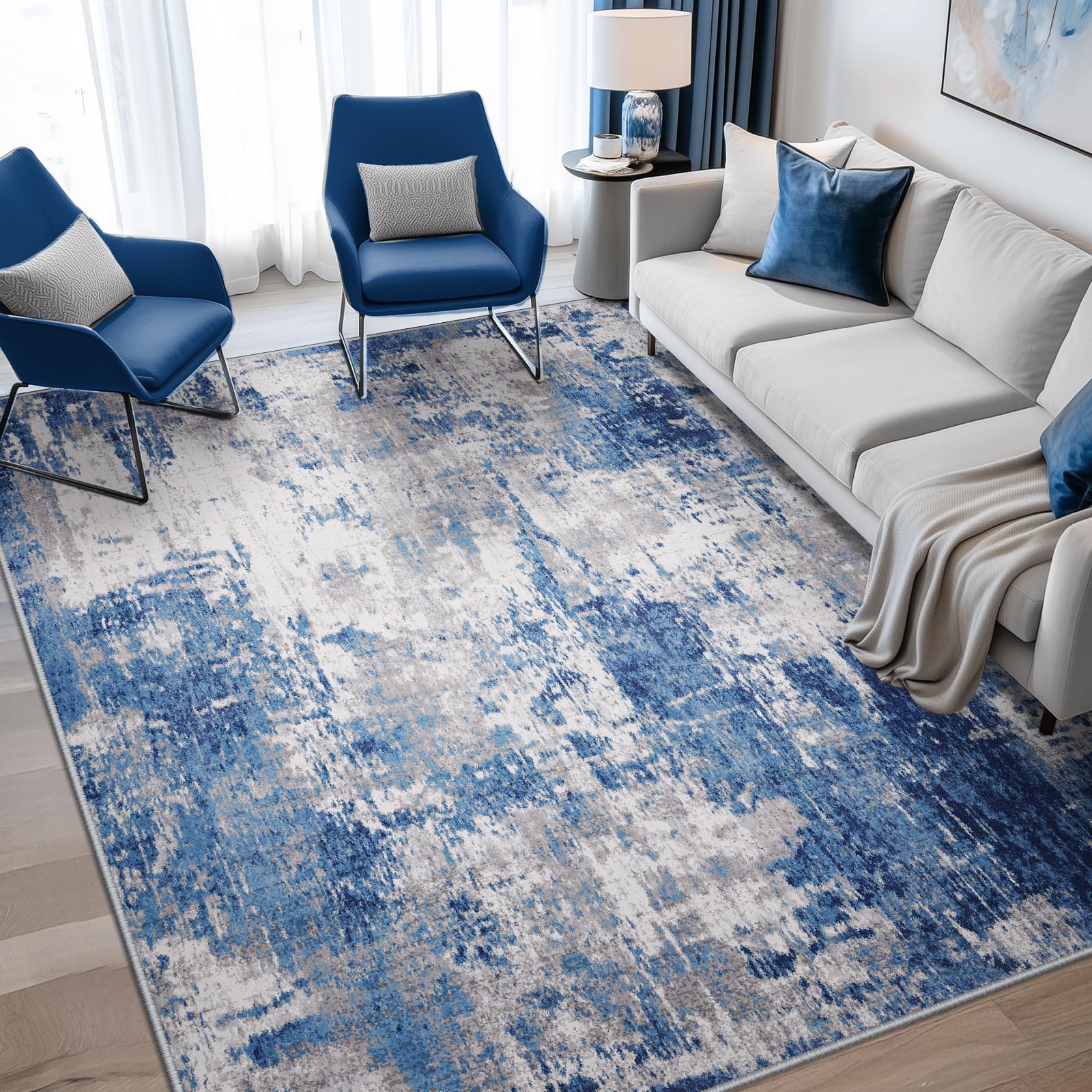 Washable Area Rugs 5'x7' Non-Slip Modern Abstract Soft for Living Room Entryway Bedroom Nursery, Print Pattern, Blue Grey Navy GrayOEKO-TEX STANDARD 100
