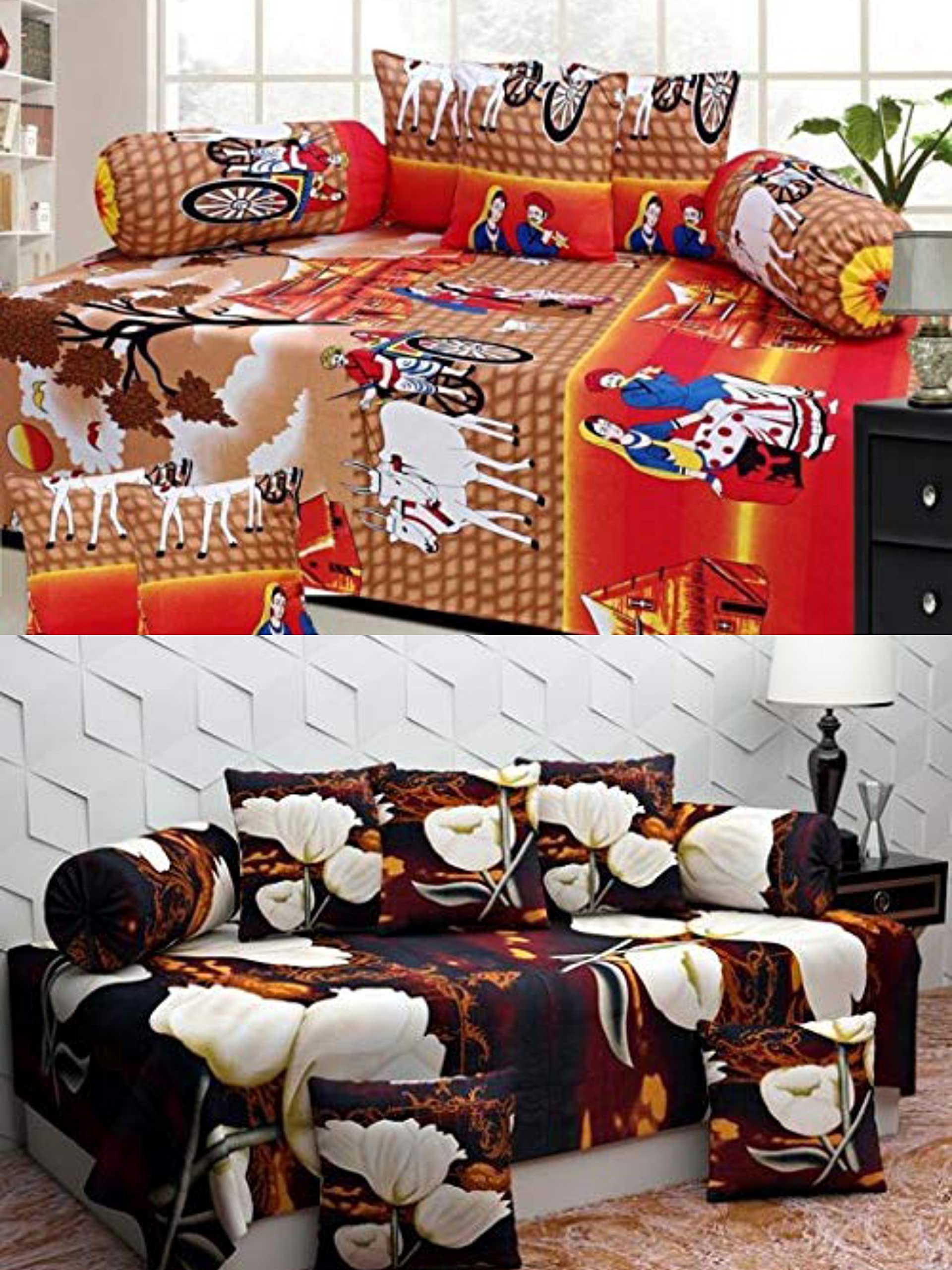 VANU Diwan Set Covers Cotton 8 Pieces Super Soft Designer Printed Standard Diwan Set of Combo 1 Single Bedsheet 2 Bolster Cover 5 Cushion Covers Combo Set of 2 (S19)-picture-17