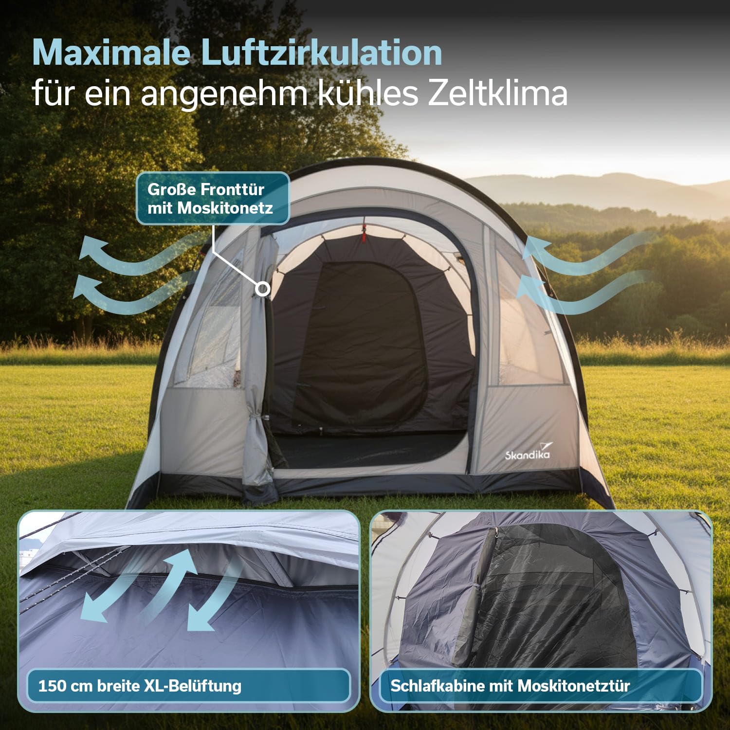 Skandika Tenda a tunnel Isken 3 Protect, tenda da campeggio per 3 persone, finestra con zanzariera, fondo cucito, impermeabile, colonna d'acqua 3000 mm, con canopy, tenda per campeggio, festival