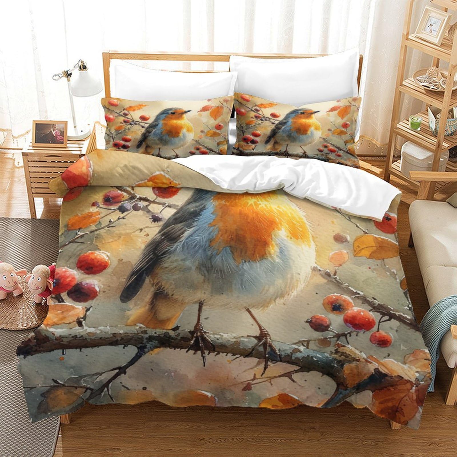 RQATHDUUD Robin Bird Duvet Cover Sets 3 PCS Hotel Quality Quilt Cover Bedding Sets Bed Covers with Pillowcases with Zipper Closure Ultra Soft Hypoallergenic Microfiber Single（140x200cm）