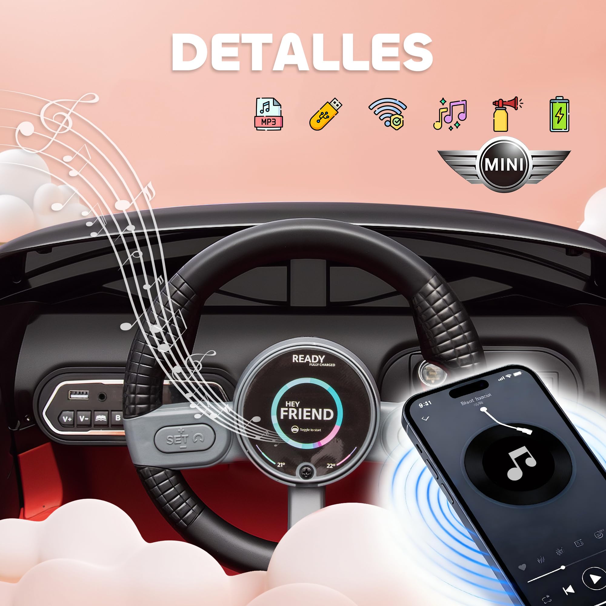 AIYAPLAY Coche Eléctrico 12V para Niños +3 Años, Mini Aceman, Bluetooth, Mando 2,4G, Motor Doble, Rojo