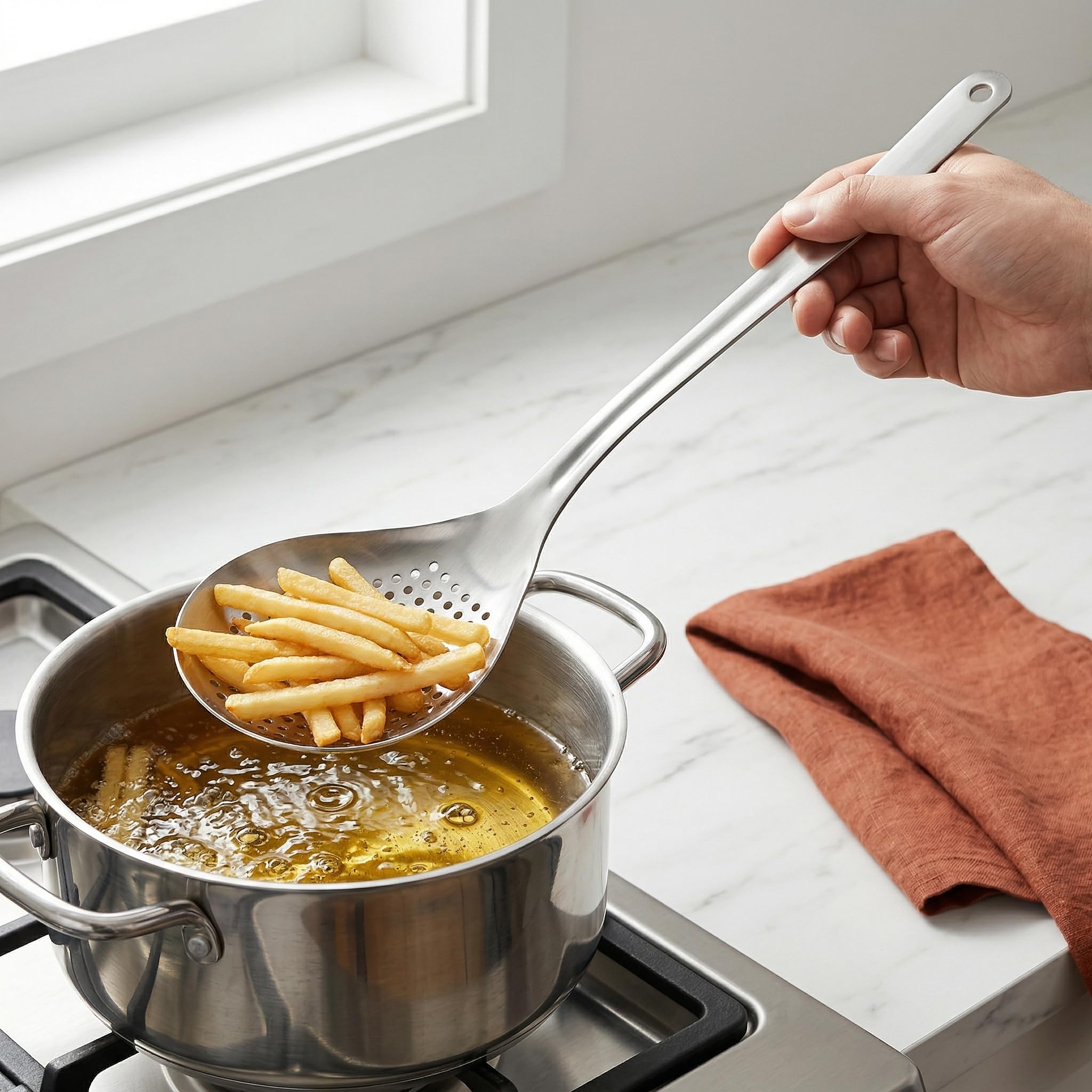 2 Stück Schaumlöffel, 34 cm großer Edelstahl-Schöpflöffel, Spinnen-Sieb mit Griff und Aufhängelöchern, Fritteusenschaufel, Küchensieb zum Kochen, Abtropfen und Braten