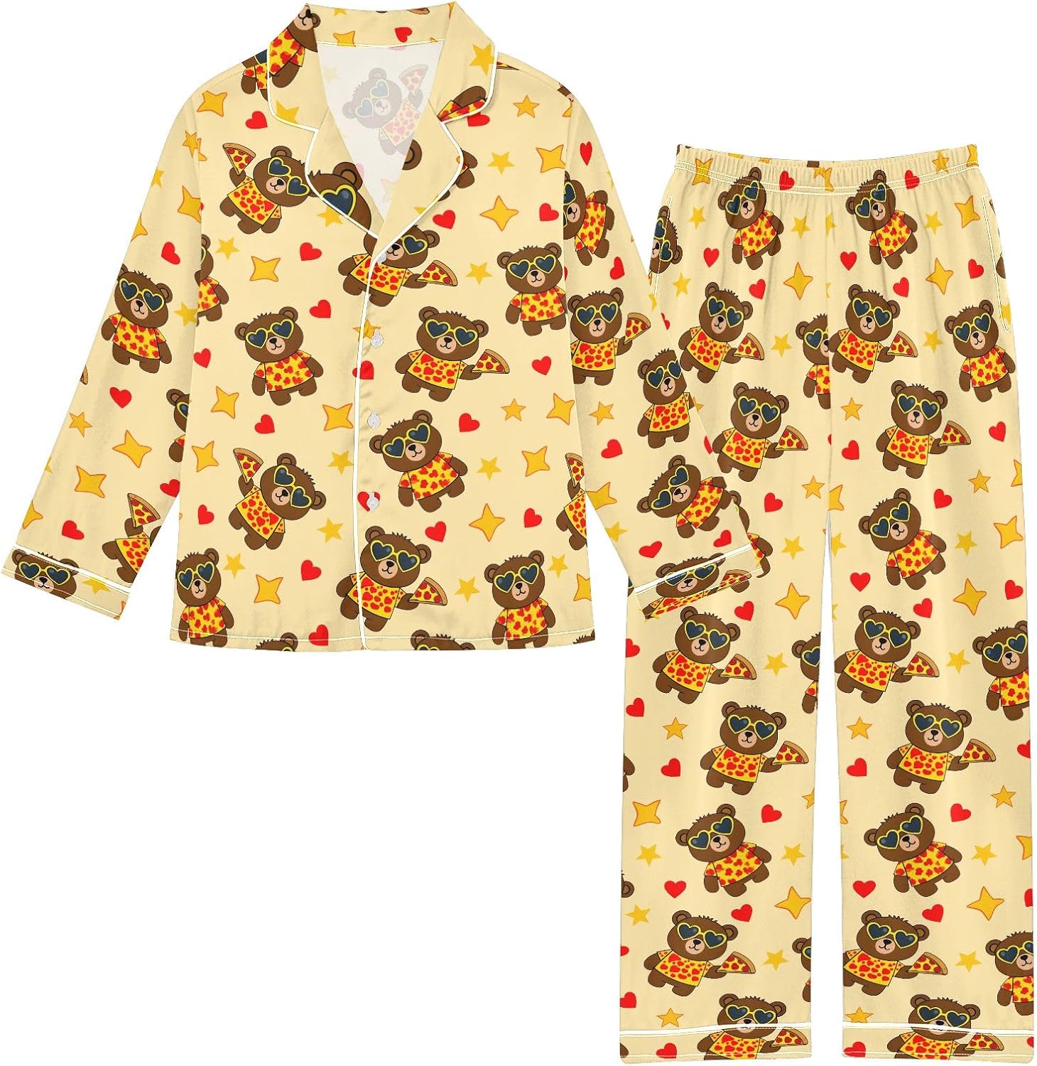Kids Casual Satin Wear Set Pizza Bear Pattern Unisex Relaxed Fit Clothing