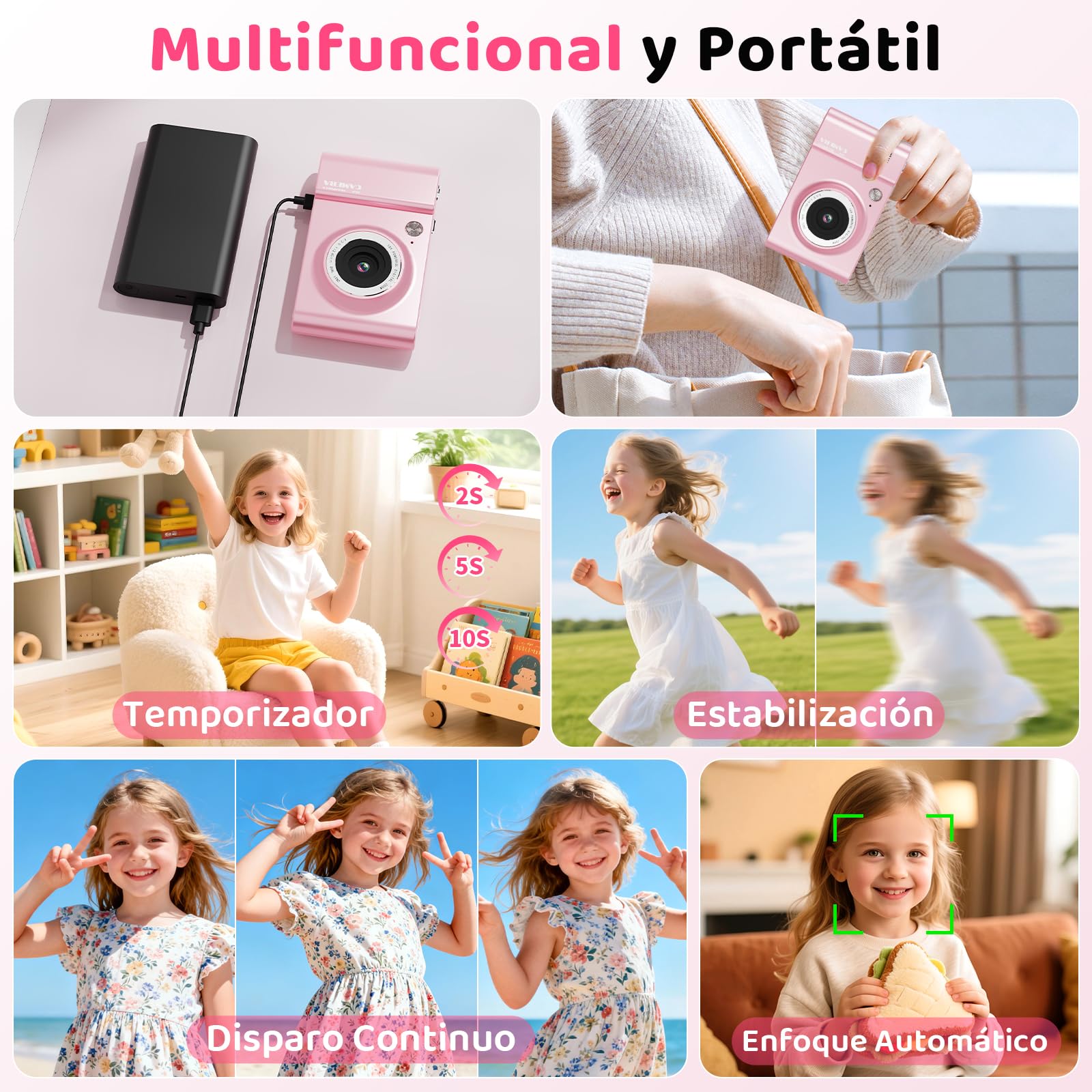 CHAKEYAKE Cámara Digital 4K, Cámara Fotográfica 64 MP con Autofoco, Zoom Digital 18X, Pantalla LCD de 2,4", Tarjeta de 32 GB, Filtros, Camara Compacta para Niños, Adolescentes Principiantes Vlog, Rosa
