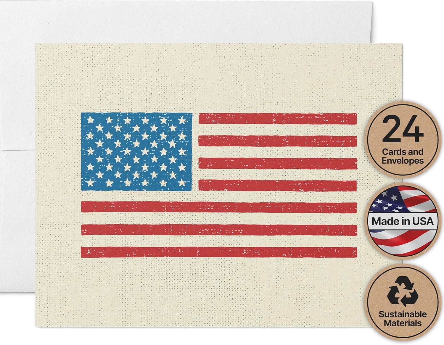 Twigs Paper - American Flag Note Cards - Blank Patriotic Stationary Cards With Envelopes - Greeting Card for Veteran's Day, Memorial Day, 4th of July & More - Made In USA - 5.5" x 4.25" (Set of 24)