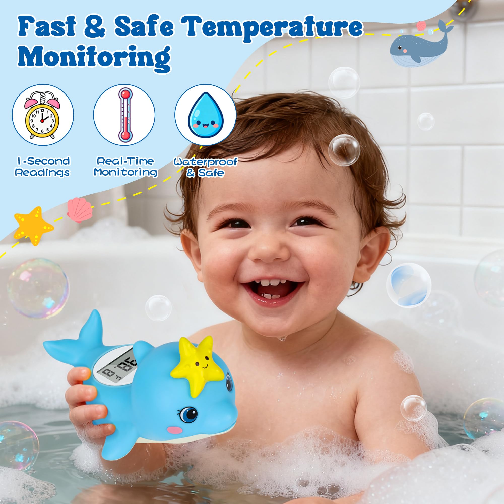 Termómetro de baño para bebé, termómetro flotante de delfín para recién nacidos, monitor de temperatura de baño impermeable con alerta de seguridad de frío y calor, monitor de temperatura del agua