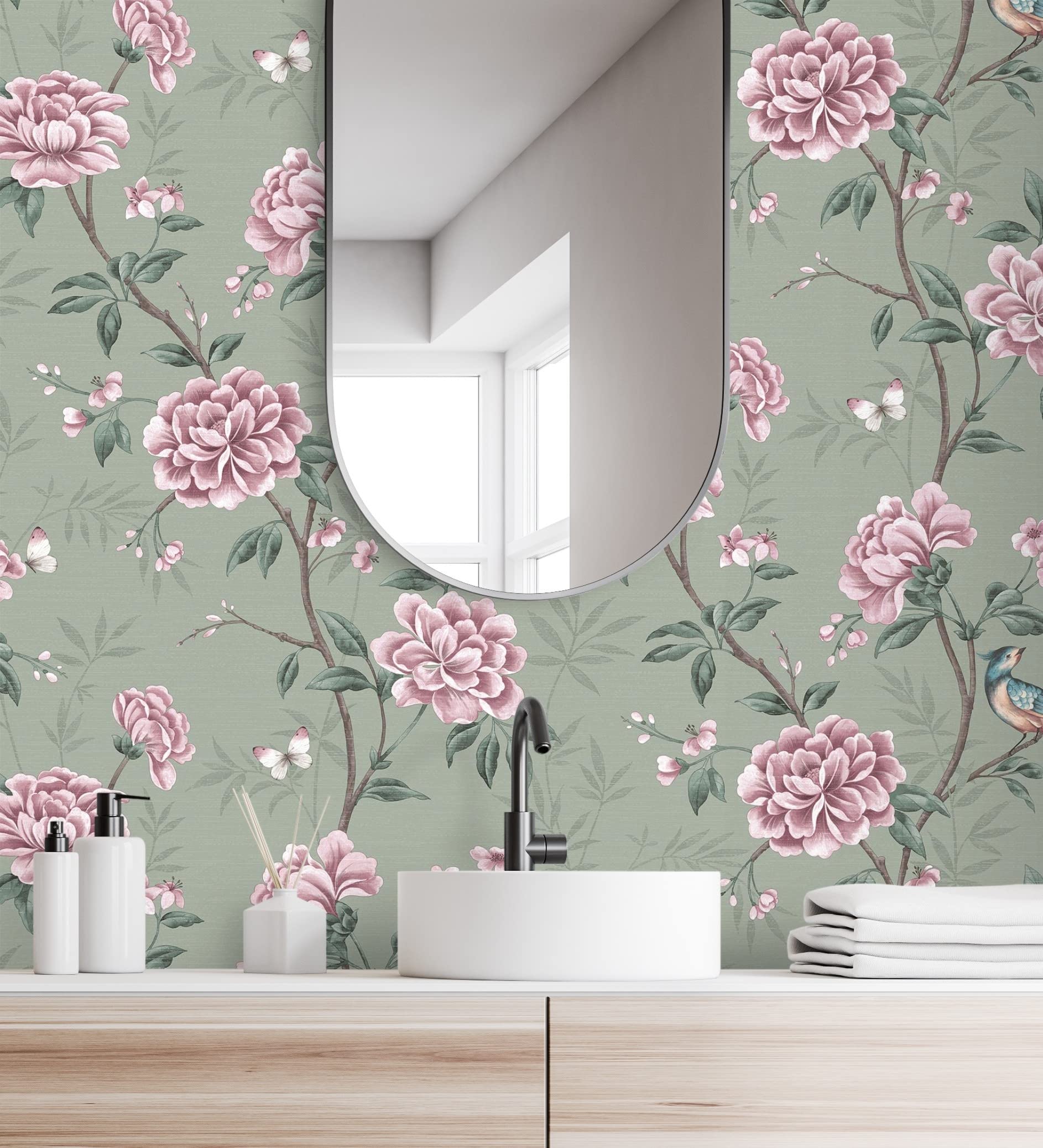 GAULAN 681988 - Papel pintado de pájaros y flores fondo texturizado efecto fibra vegetal verde para pared salón cocina baño dormitorio comedor - Rollo de 10 m x 0,52 m
