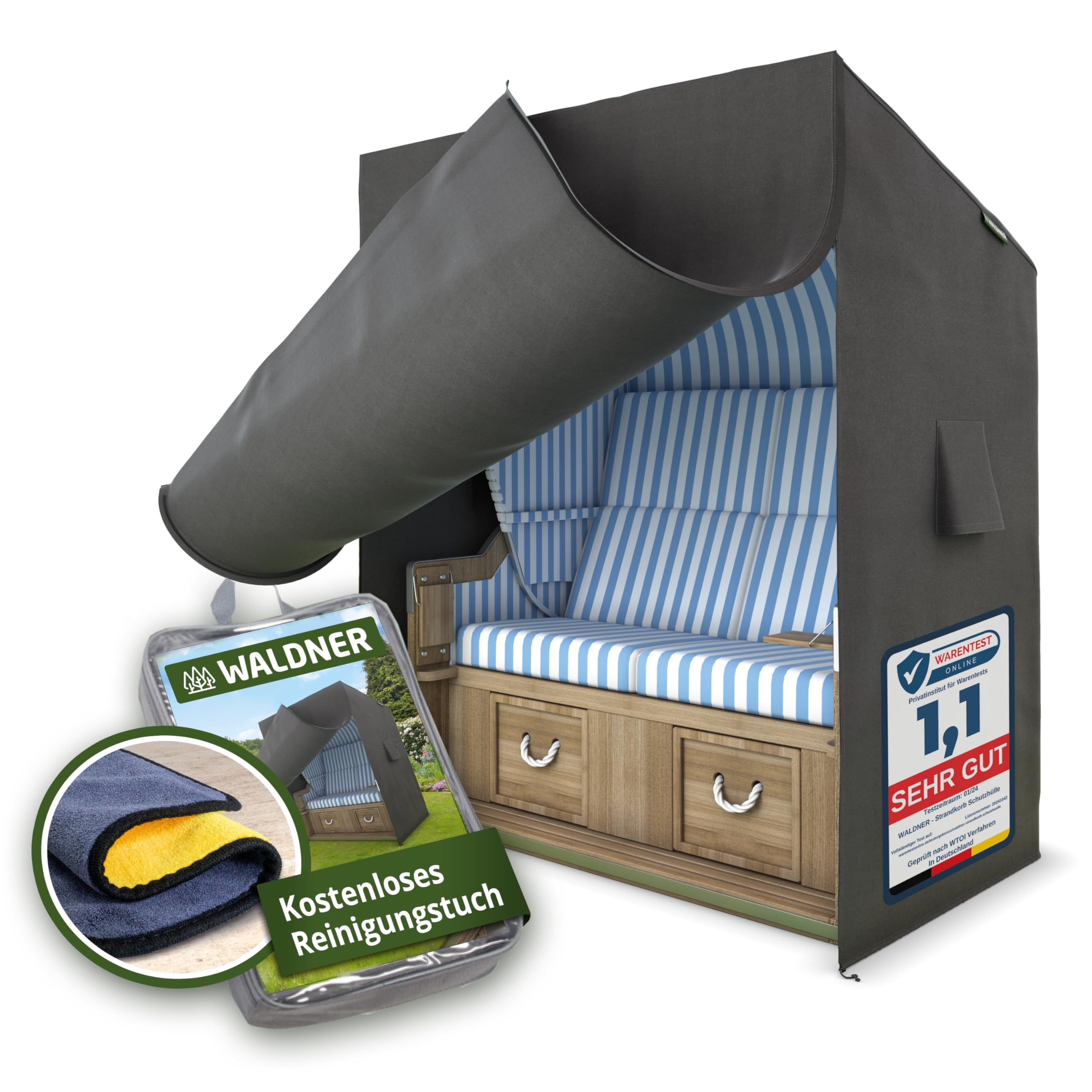 WALDNER Strandkorb Schutzhülle | Oxford 600D | Abdeckung Strandkorbhülle Abdeckhaube Abdeckplane | wasserdicht winterfest wetterfest UV-beständig atmungsaktiv | 155 x 90 x 160 B/T/H | grau anthrazit