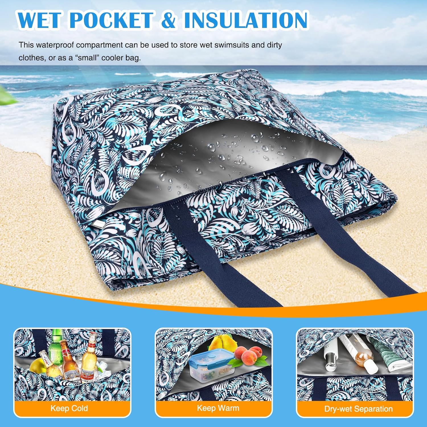 HUANLANG Large Beach Bags for Women Pool Bag with Zipper, Waterproof Sandproof Beach Tote Travel Bag with Wet Pocket | Waterproof, Large capacity, Dry/wet separation, Durable fabric, Cooling function, sandproof