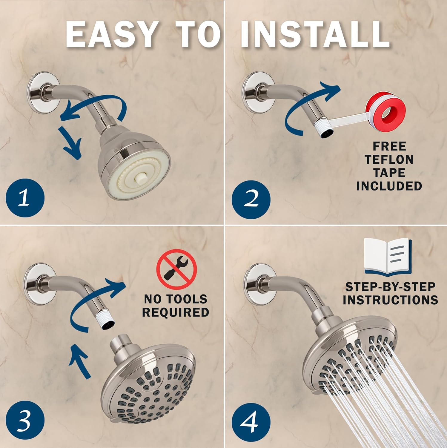 6 Funct Adjustable Luxury Shower Head - High Prure Boosting, Wall